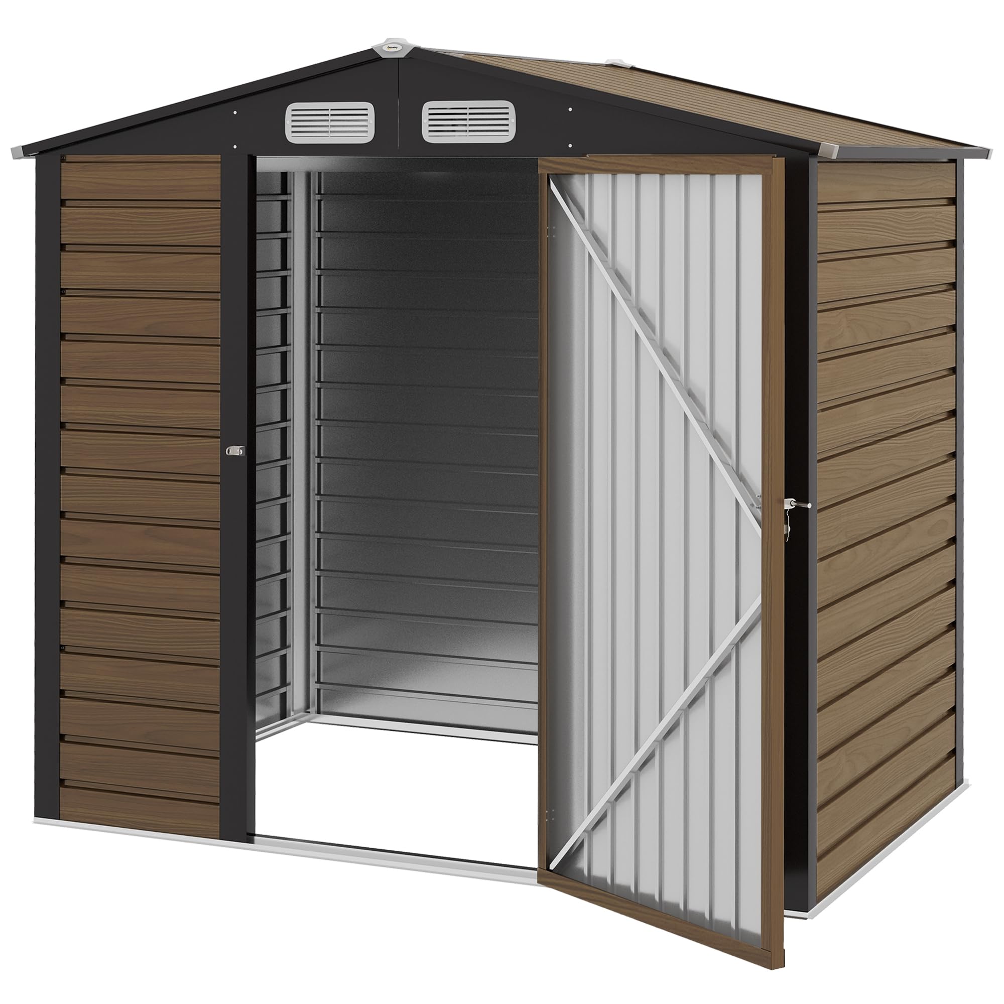 Outsunny Cobertizo de Jardín 190x131x188 cm Caseta de Exterior Cobertizo Metálico con 2 Ventanas de Ventilación y Puerta para Patio Terraza Balcón Roble