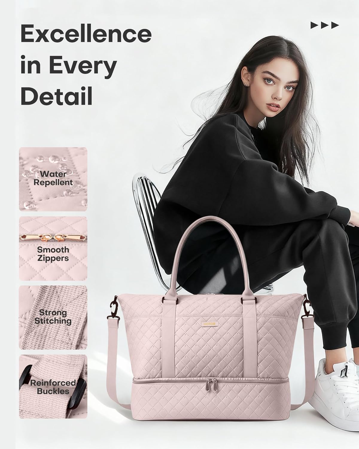 HOTOR Travel Duffel Bag - Weekender Bags for Women, Gym Tote Bags with Shoe Compartment, Carry On Overnight Bag with Toiletry Bag for Travel Essentials and Travel Accessories, Pink, 13.4"×17.3"×7.9" - Image 6