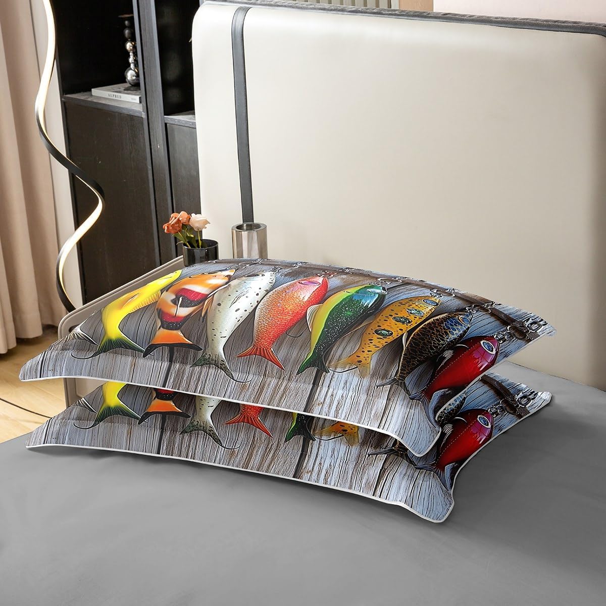 Lure Fishing 100% Organic Cotton Bedding Set Twin Size Fish Outdoor Sports Duvet Cover Rustic Wooden Board Comforter Cover Fisherman Gift Bedspread Cover with 1 Pillowcase(No Comforter)