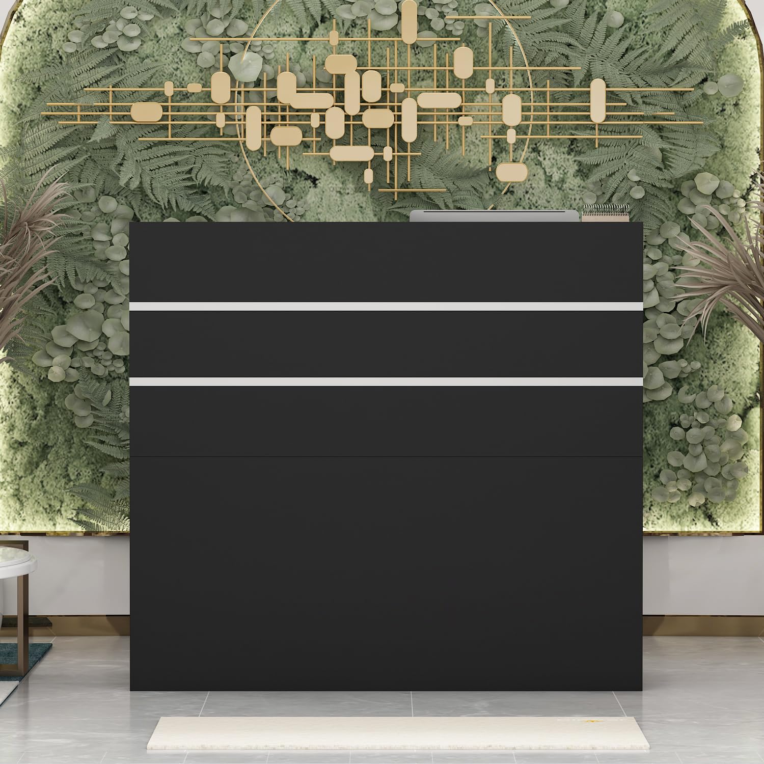 Bancone reception, tavolo bancone, bancone negozio banco vendita tavolo vendita, mobili ufficio mobili reception con 3 cassetti e 1 mobile, 110 X 120 X 48 cm, nero
