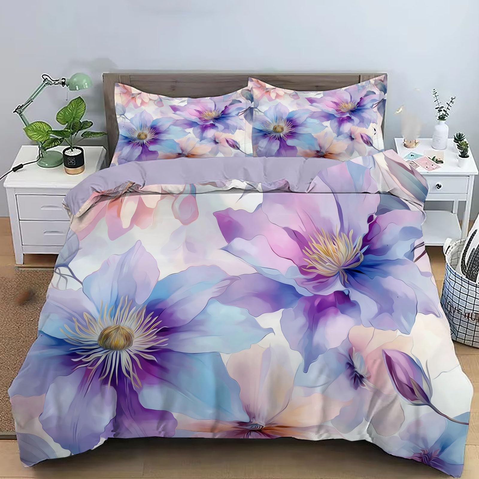 Housse de couette 200x200cm bleu violet avec 2 taies d'oreiller 65x65