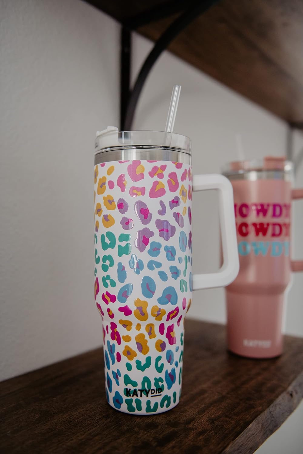 KATYDID 40oz Stainless Steel Tumbler with Handle and Straw - Dishwasher Safe Insulated Tumbler for All-Day Hot or Cold Coffee, Water, Tea, Smoothies and More (Pastel Leopard)