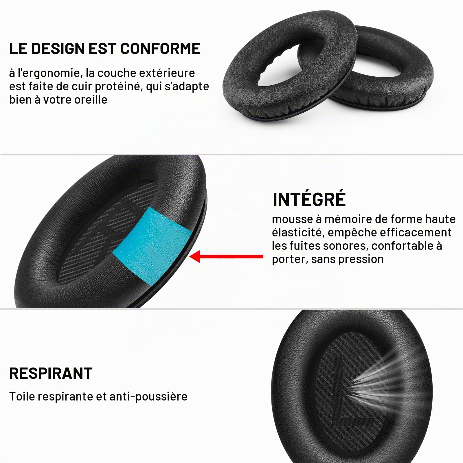 AK Coussinets pour Bose QuietComfort 35 QC 35 II, Remplacement Cuir Souple Mousse Acoustique QC35II/35/15 QC2/AE2