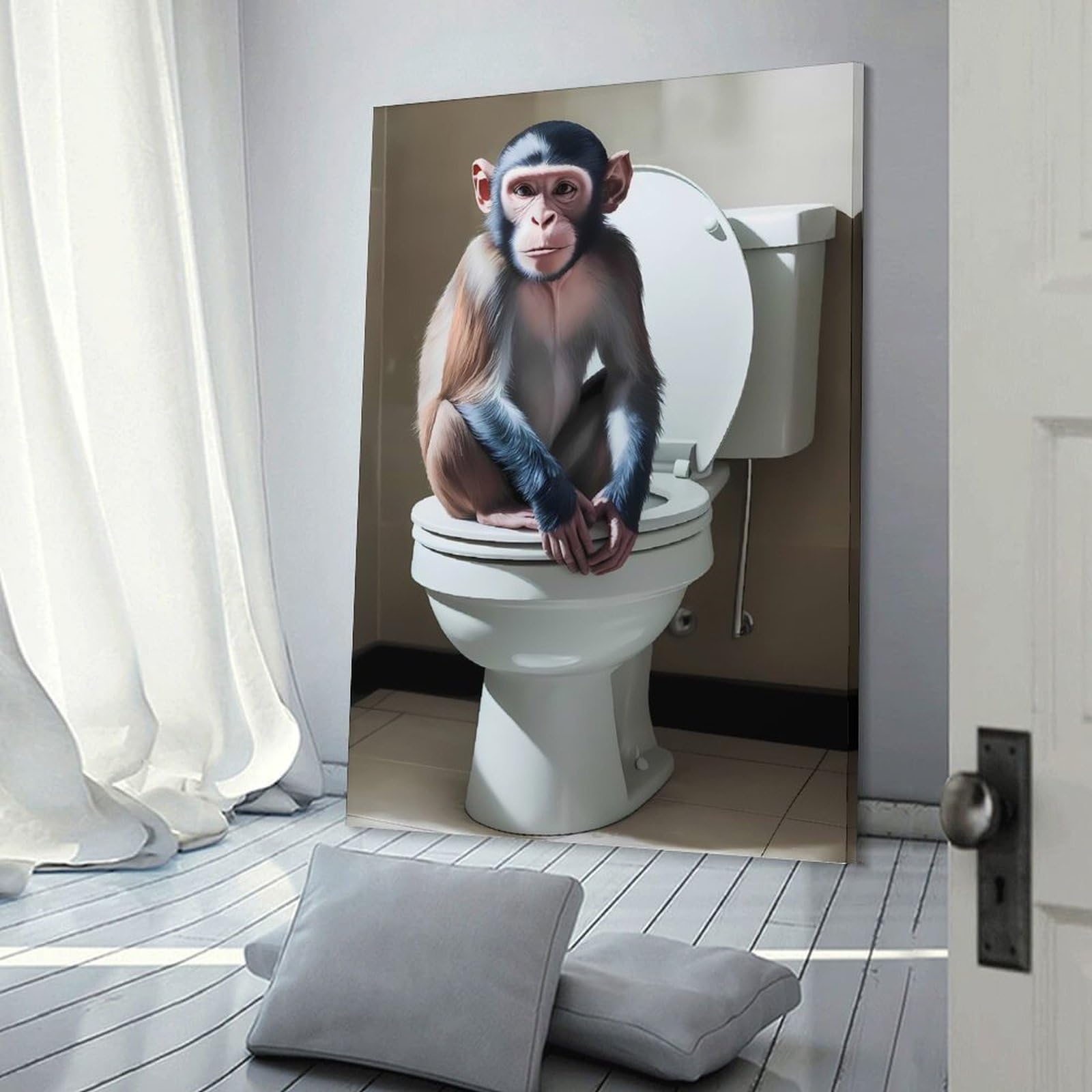 Junmoney Frame-Style-9 Monkey On Toilet Bathroom Art Decorative Wall Artwork, 20X30inch(50X75cm), For Living Spaces, Bedrooms Or Relaxed Rooms, Modern Wall Decor For Cosy Interiors