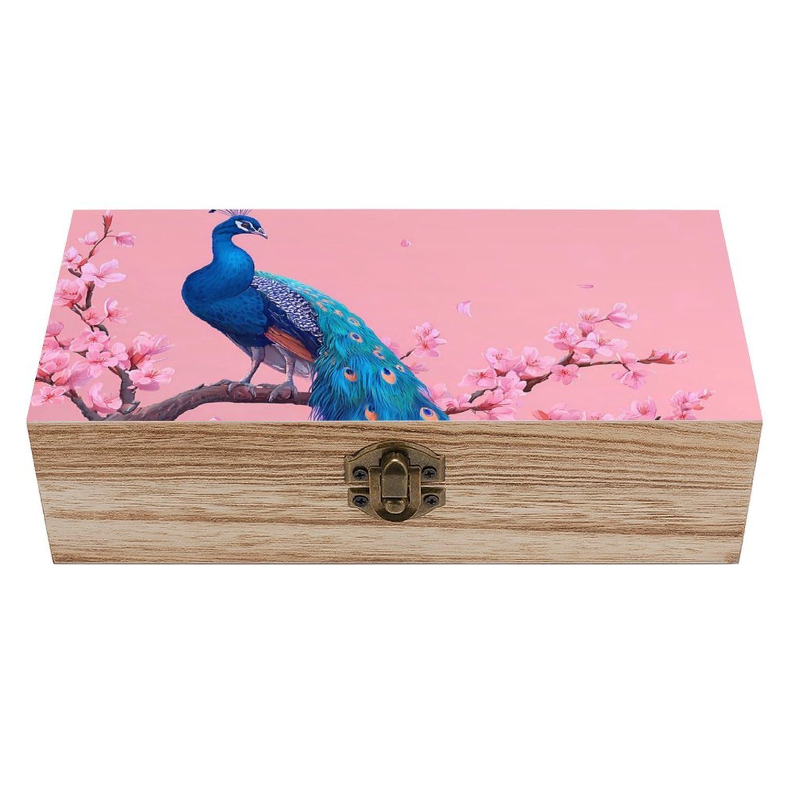 HLBSDM Peacock Cherry Flowers Wooden Box with Hinged Lid Decorative Storage Case Container