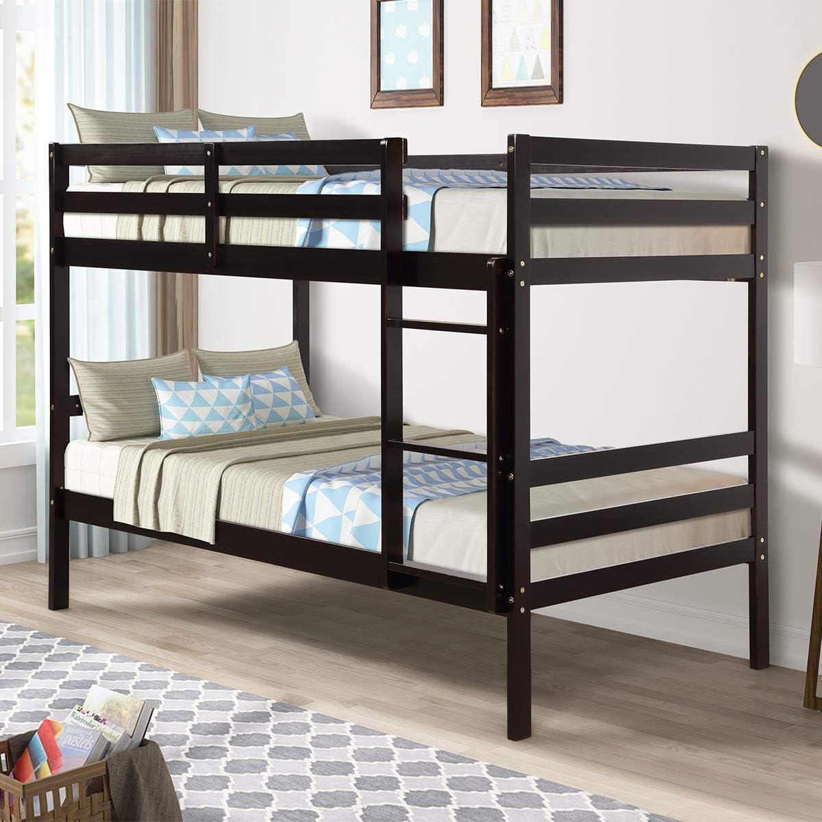 DORTALA Twin Over Twin Bunk Bed, Wood Bunk Bed w/Wide Ladder, Safety High Guardrail, Solid Wood Frame, Flat Slat, Space-Saving Design for Home, Dorm, Apartment, Espresso