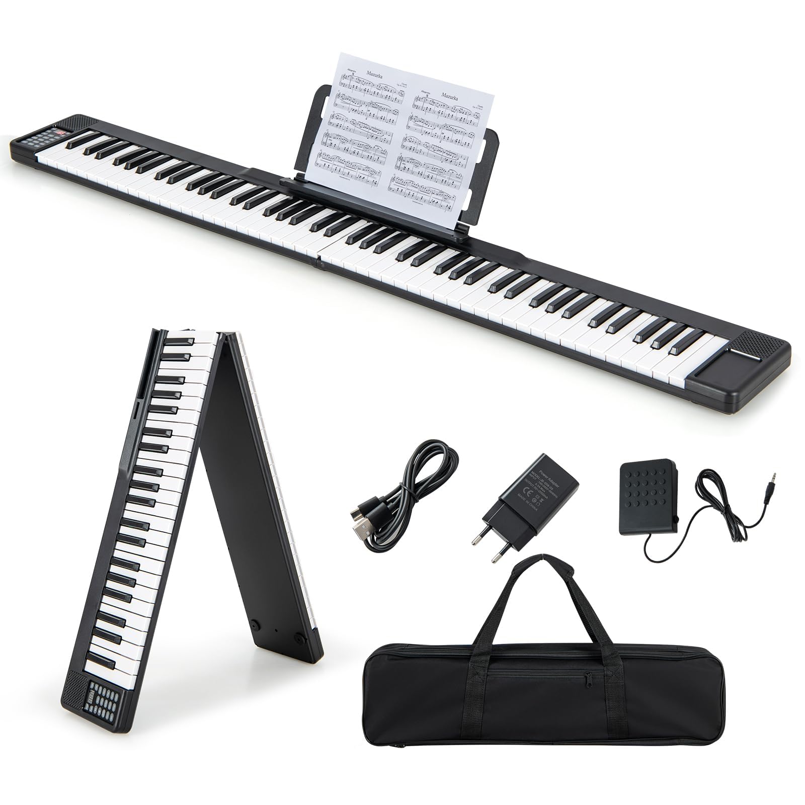 RELAX4LIFE Piano 88 Teclas, Piano Eléctrico Portátil y Plegable con Funda, Piano Electrónico con 15 Canciones, 128 Tonos y Ritmos, USB para Principiantes (Negro)