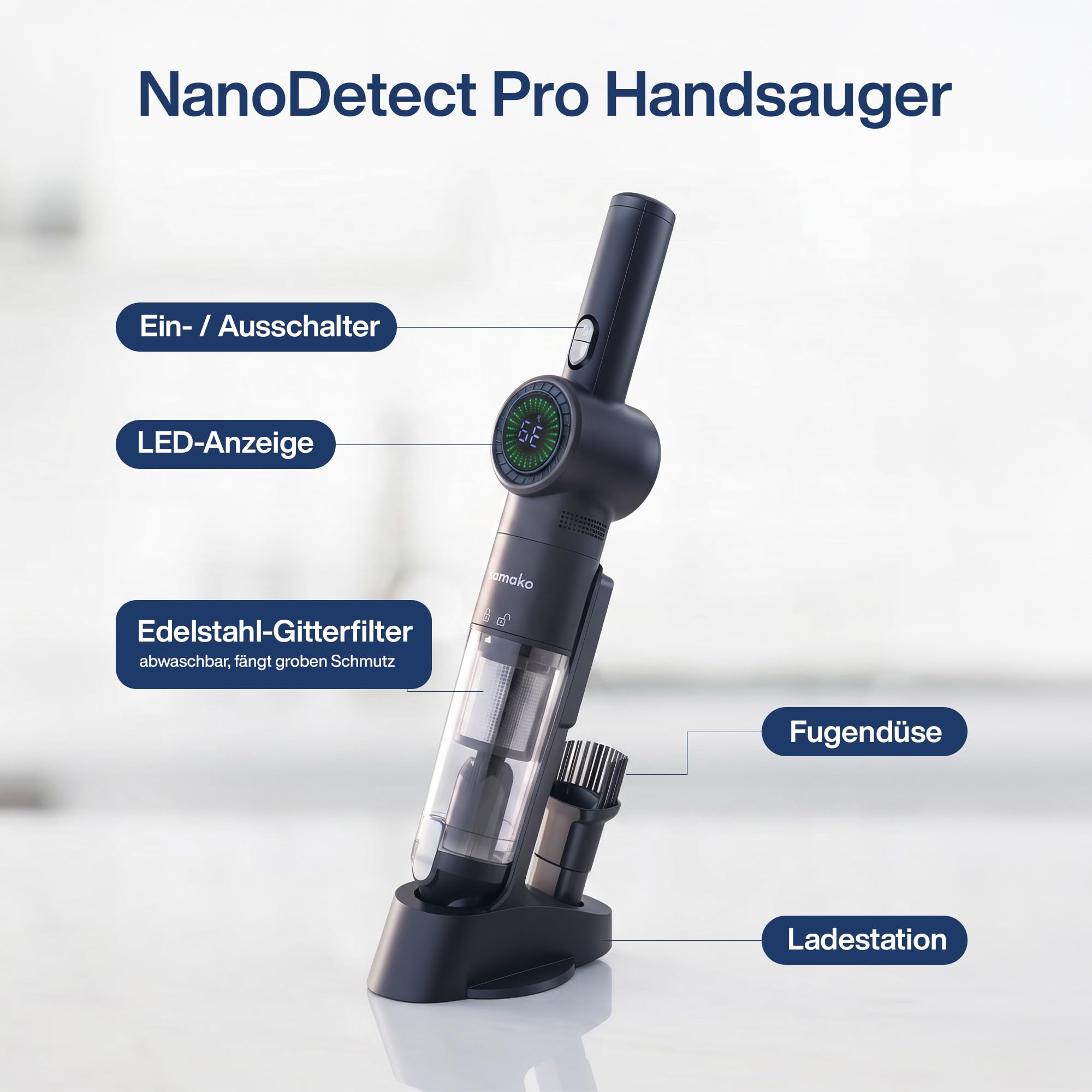 Samako Akku-Staubsauger, 13,5 kPa mit LED-Anzeige NanoDetect Pro Staubsauger, Ultraleicht (0,85 kg), HEPA-Filter, Ladestation, Fugendüse und Flexibler Schlauch für Auto, Sofa und Haushalt