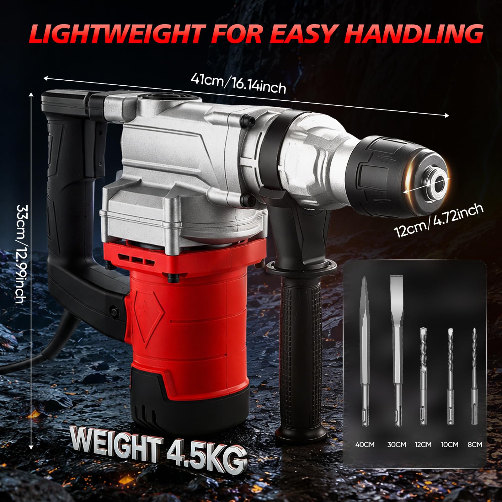 Martello demolitore SDS-Plus, 3-in-1 perforatore, 2200 W, 7J, 32mm, 1100 Giri/min, Martello rotativo con 3 Punte SDS 8/10/12 mm, per Cemento Armato, rimozione delle Piastrelle