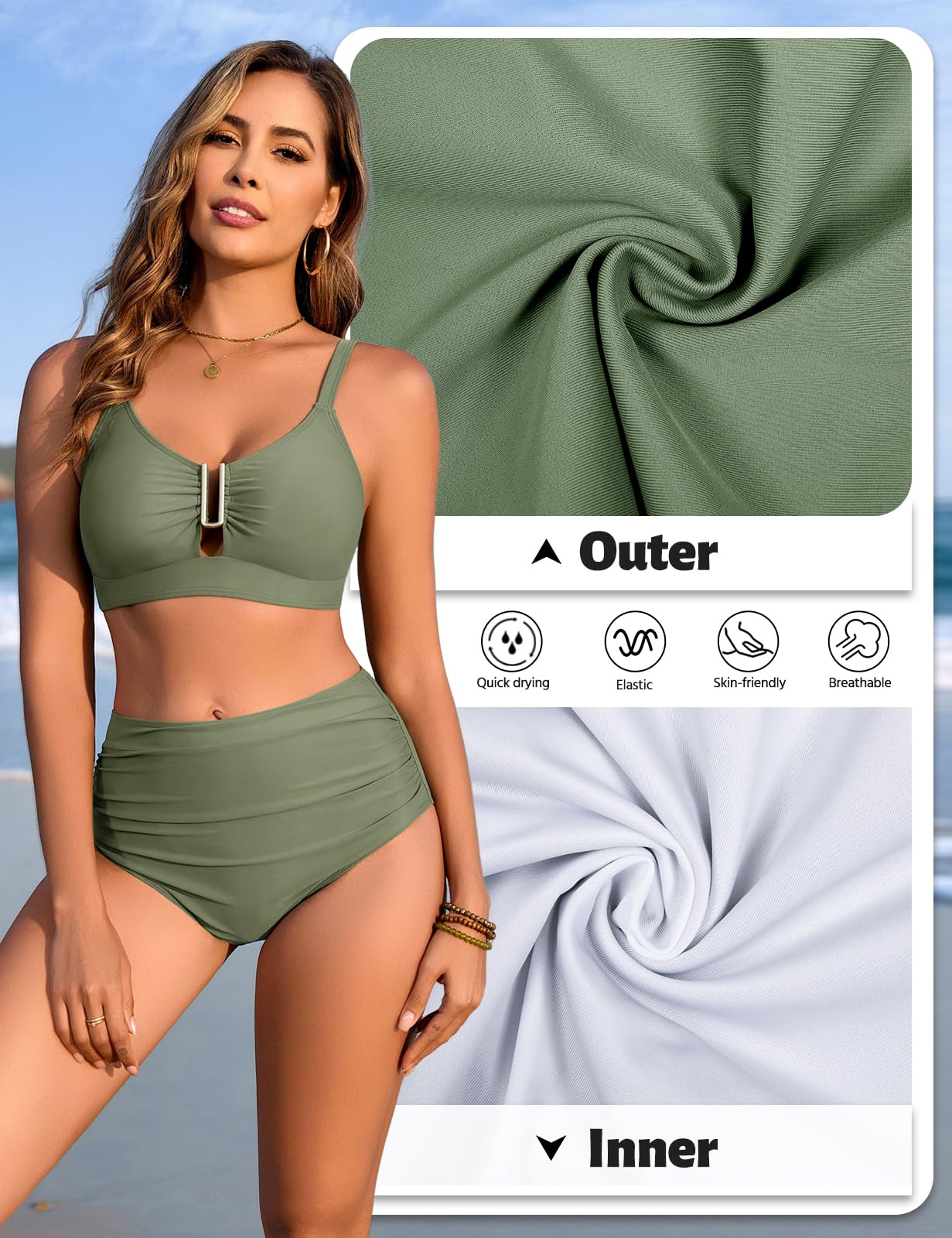 UMIPUBO Maillot de Bain Femme 2 Pieces Bikini Set Gainant Ventre Plat Push Up Haute Taille Culotte Grande Métal Décolleté en U Deux Pièces