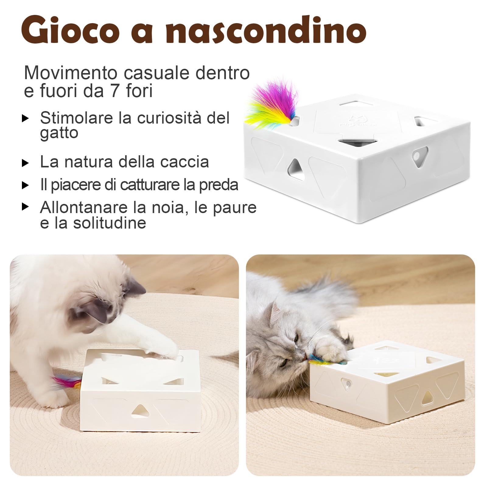 Migipaws Giocattolo per gatti, giocattolo interattivo automatico con 7 fori a forma di topolino, giocattolo stimolante e divertentissimo per gatti che vivono in casa, ricaricabile tramite USB