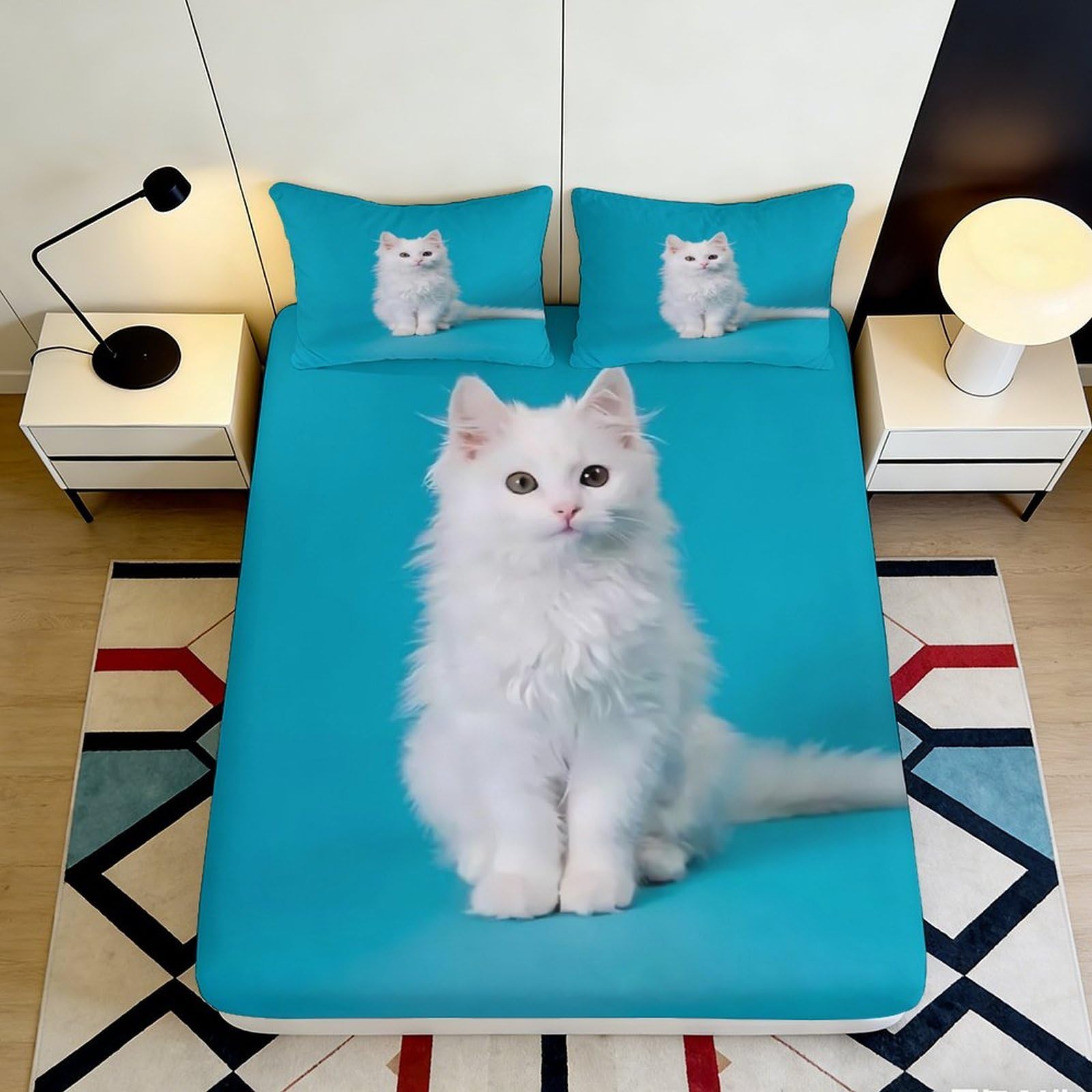 Jxqhbvmg Style-2 3D Printed White Cat Fitted Sheet Microfiber Deep Pocket Non-Slip Bedroom Bedding White Cat Mattress Fitted Cover For Adults Teens 90X200x25cm