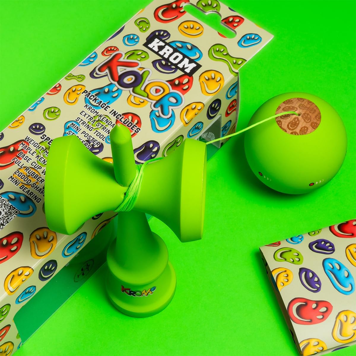 KROM Kendama KOLOR Green - Kendama with Rubber Coating, 2GOOD Shape, Maple Ken & Beech Tama