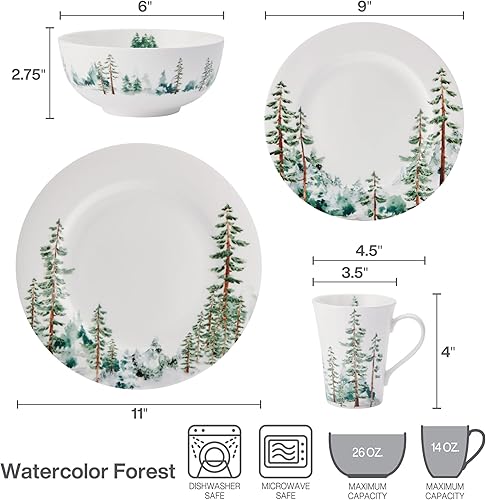 Miniatura 8 de Mikasa Watercolor Forest Bone China - Juego de vajilla ligera de 16 piezas resistente a las astillas, servicio para 4, color blanco