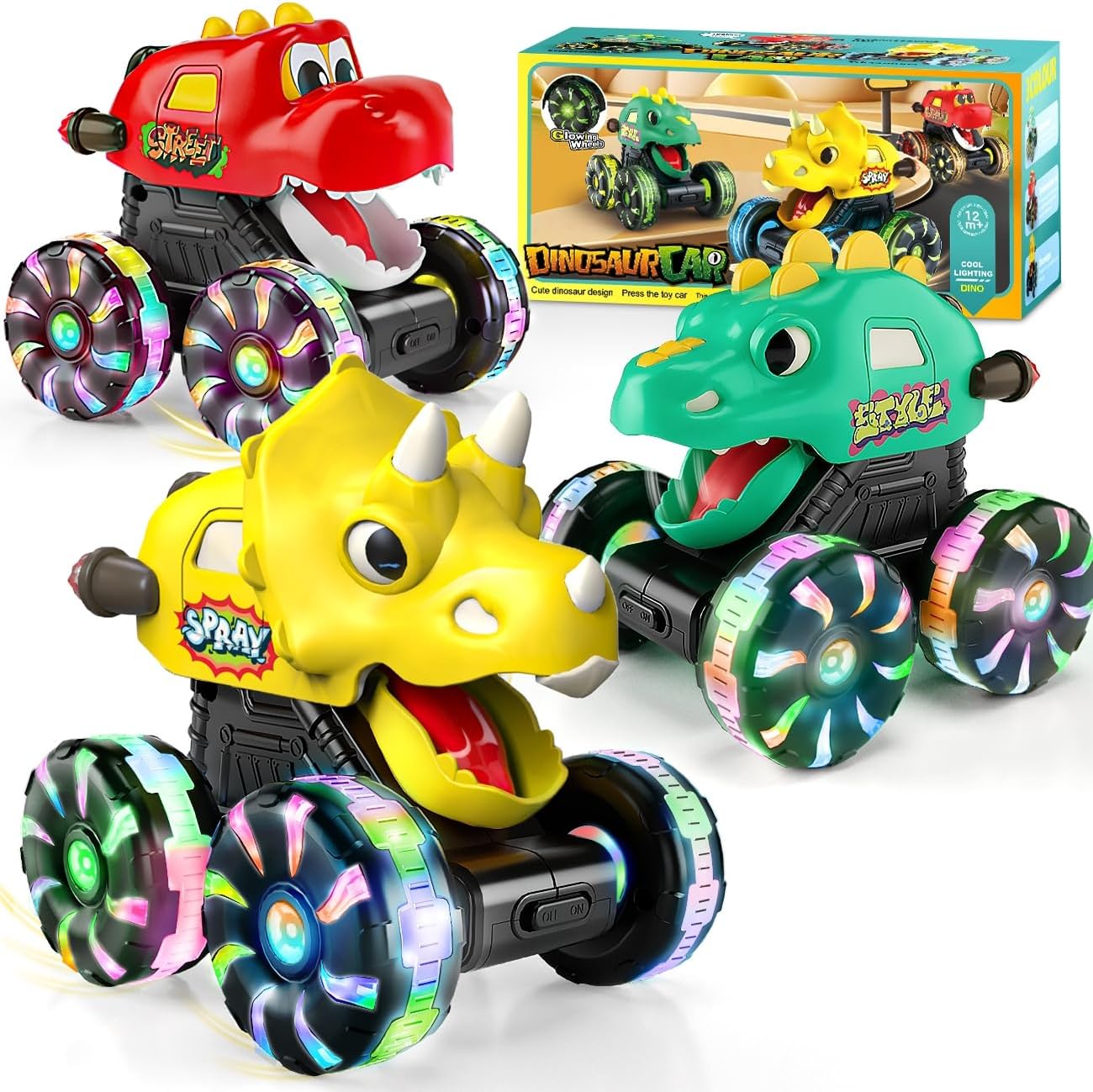 Dinosaur Monster Trucks for Toddlers 2-4: Toy Cars 3 Pack for Toddler Age 1-3,Light-Up Truck,Moving Mouth, Car Toys for 1 Year Old Boy,Dinosaurs Toy Kids 3-5,5-7,Boys Girls Gifts (Yellow-Green-Red)