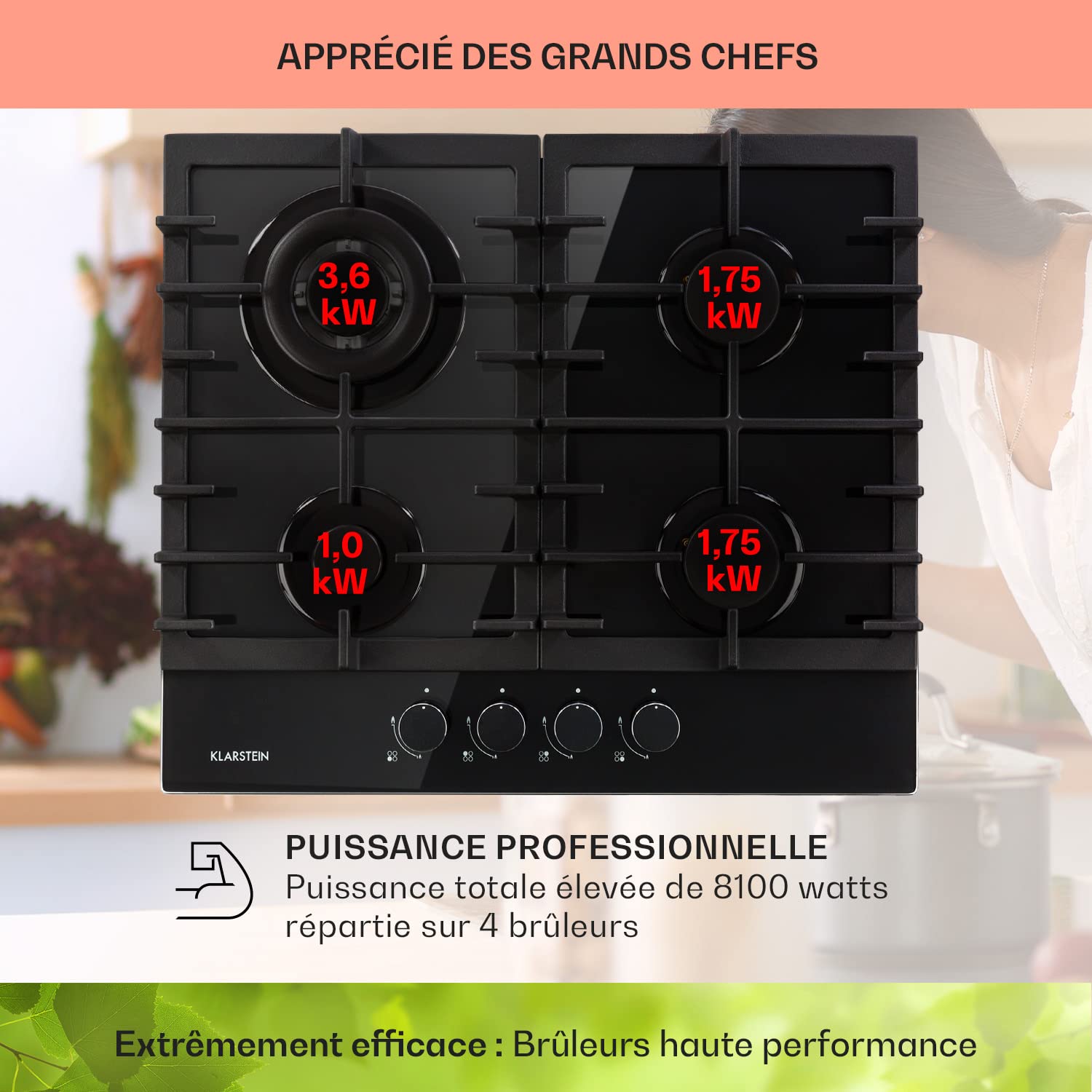 Klarstein Tables de Cuisson à Gaz, Plaque de Cuisson Gaz à 4 Brûleurs, Table de Encastrable à 4 Feux de 8100W, Cuisiniere Gaziniere avec Brûleurs en Acier Inoxydable, Cuisinières GP