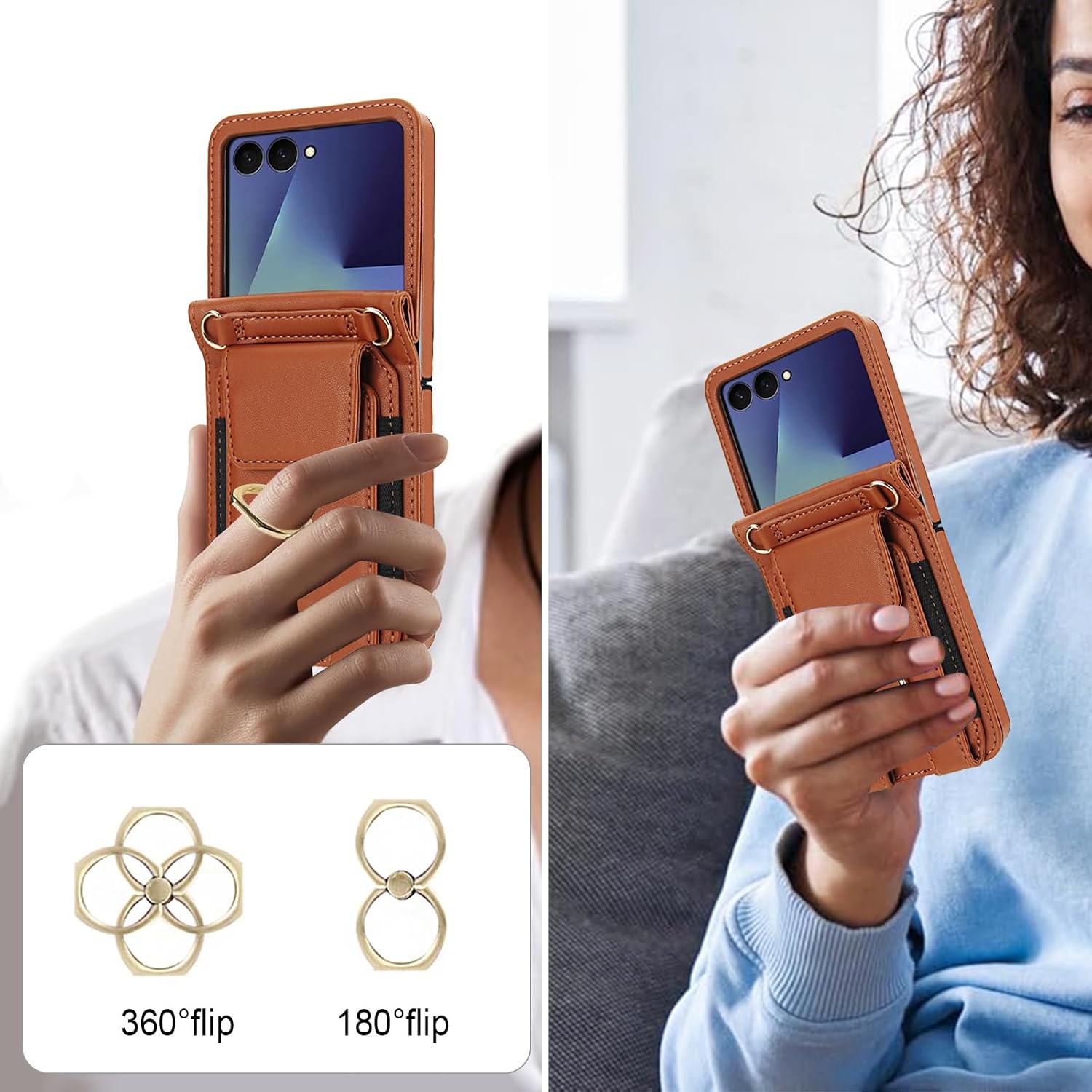 Asuwish Phone Case for Samsung Galaxy Z Flip 7 5G Wallet Cover with Ring Crossbody Wrist Strap Lanyard Credit Card Holder Slot Cell Leather Purse ZFlip 7Z Z7 G Flip7 ZFlip7 Women Men Girls Brown