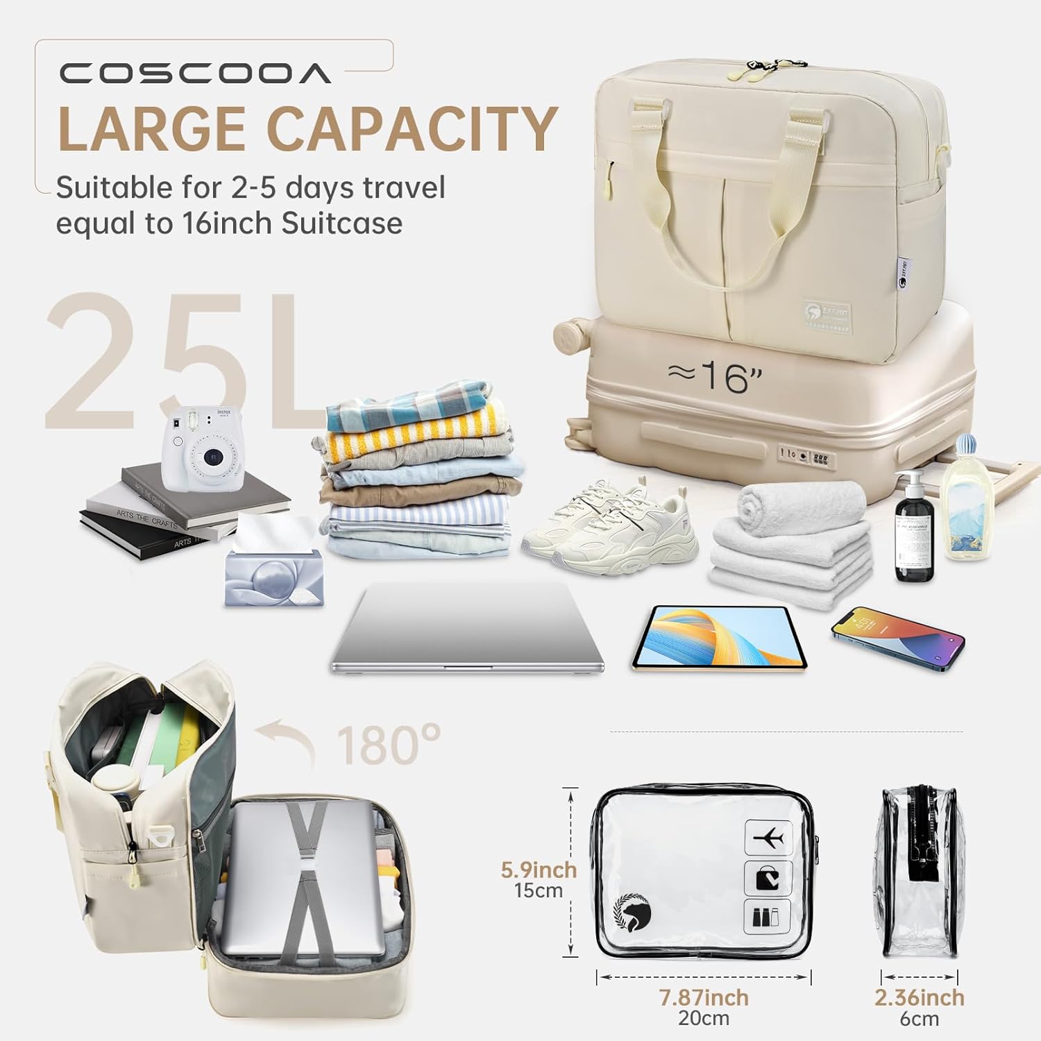 40x30x15 cm Personal Item Travel Bag,Expandable 40x30x25cm Carry on Duffel Bag,Flight Approved Underseat Carry-on Bag - Image 6