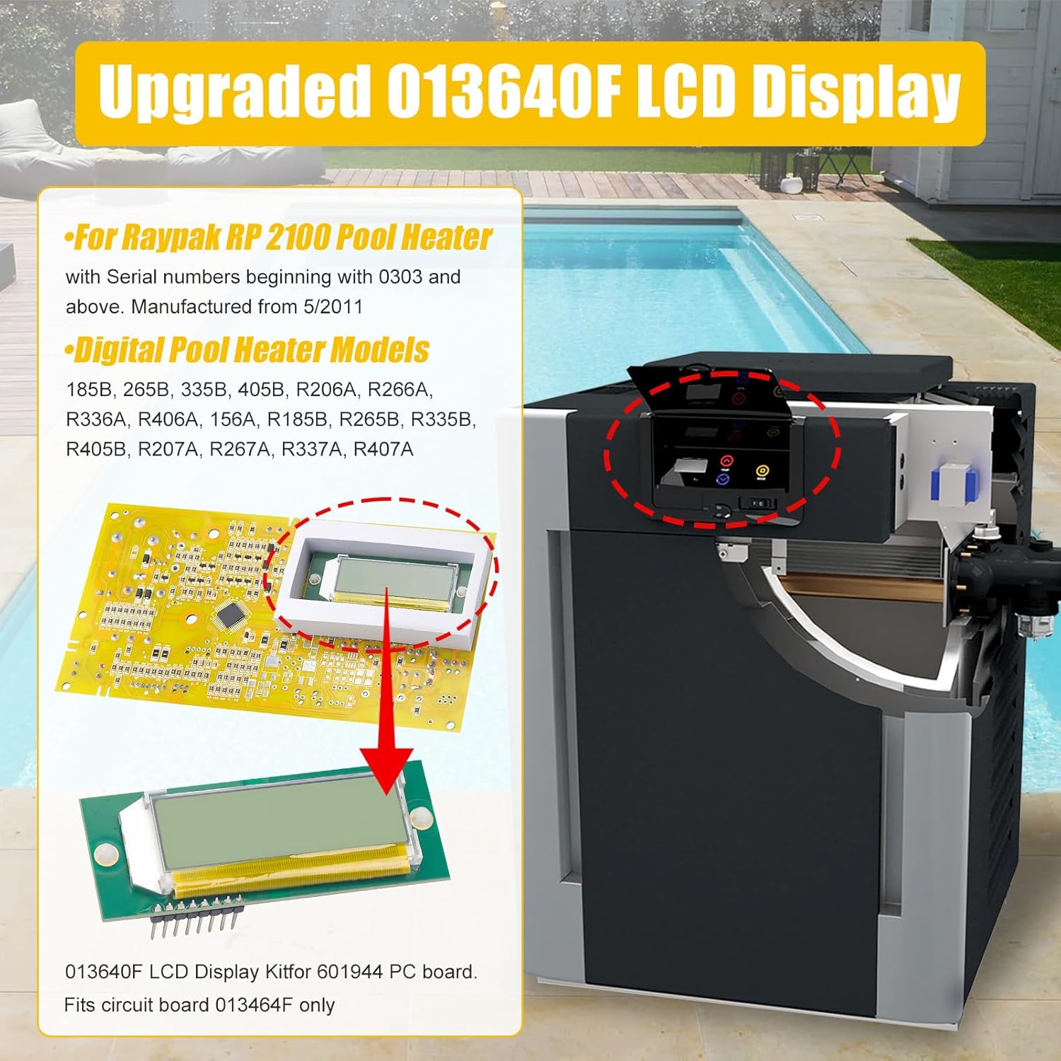013640F LCD Display Pool Stat Kit for Raypak Pool Heater - Replace 185B 265B 335B 405B 206A 266A