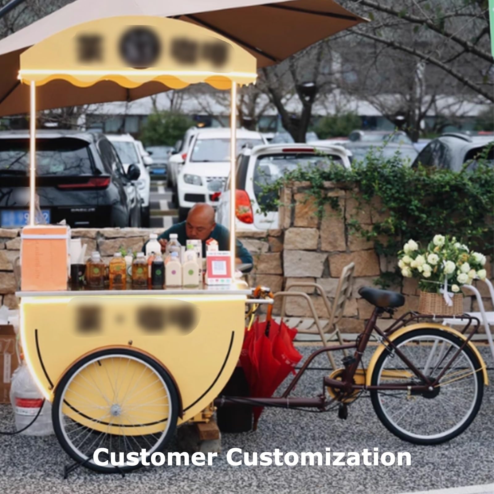 FooCarts TricycVending-Wagen mit automatischer Dosierung und Sonne, perfekt für ack-Straßen, Festivals, Konditoreien und Veranstaltungen im Freien, Weiß