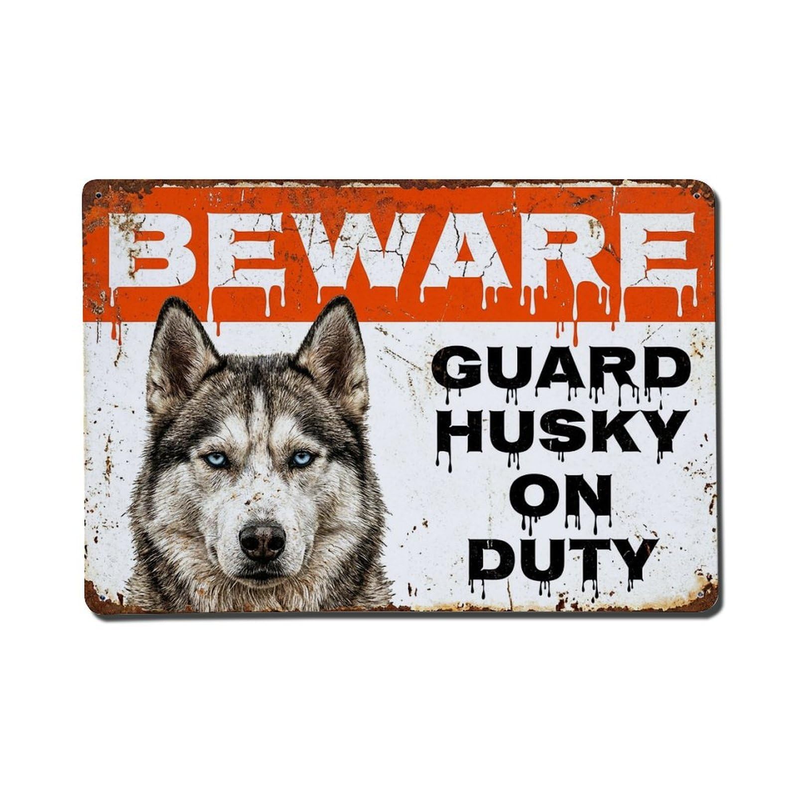 Vintage Funny Husky Guard Beware of Dog House Metal Tin Sign Plaque Wall Decor for Cafe, Club Bar, Office, Garden Metal Poster 8x12Inch