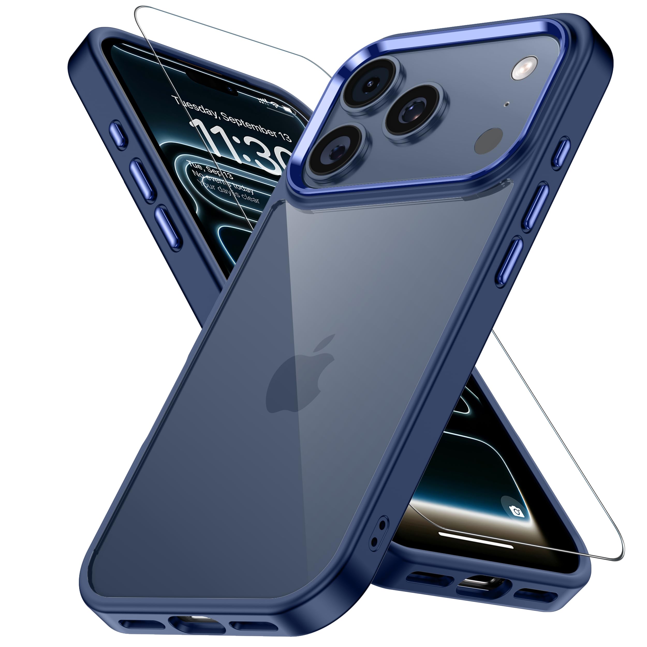 JUSTCOOL iPhone 17 Pro用 ケース ブルー ガラス保護付き 黄変防止 アイフォン17 プロ用 耐衝撃 アイフォン 17 ぷろ用case 指紋防止 落下防止 いphone17 pro 用ケース 耐久性 ストラップホール付き 薄型 軽量 ソフト ワイヤレス充電対応 アイホン17pro（6.3インチ）用カバー