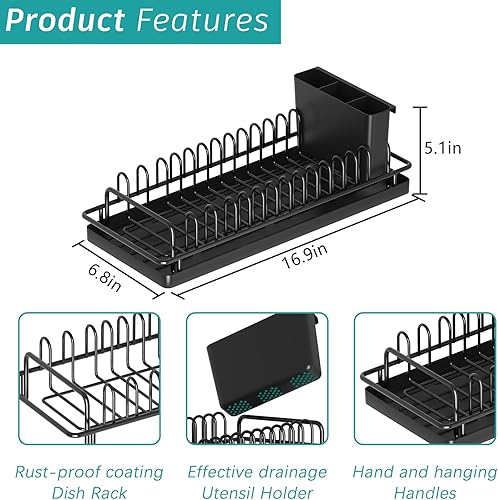 Miniatura 6 de Escurridor de platos pequeño, compacto con bandeja de silicona y cadena, escurridor multifuncional para fregadero para encimera de cocina y sobre el