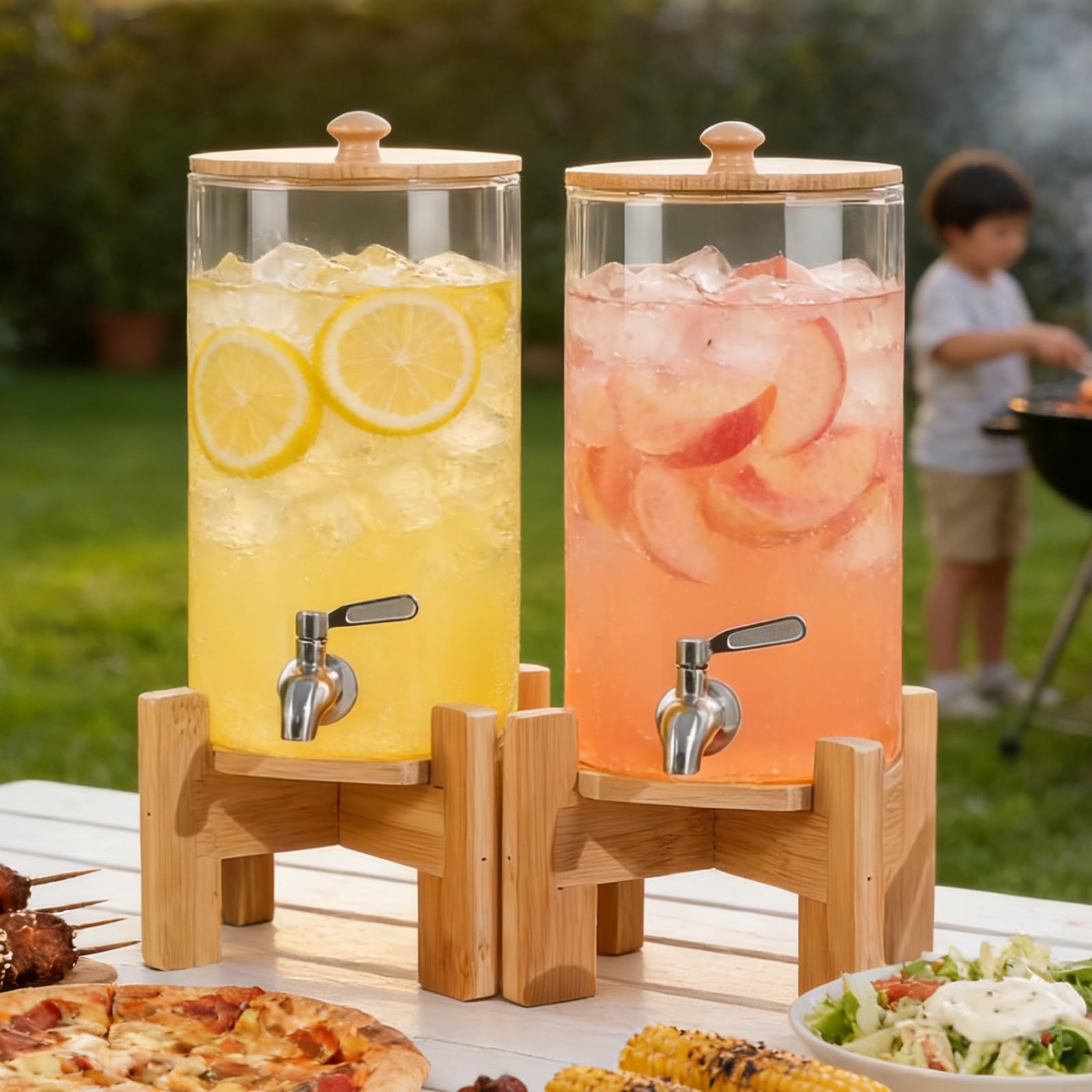 Photo 1 of MOBYKE 2 PCS 1.1 Gallon Drink dispenser, Large Water Glass Beverage Dispenser With Wood Stand for Parties With Stainless Steel Spigot, Ideal for Lemonade,Juice, Tea, and Party Drinks
