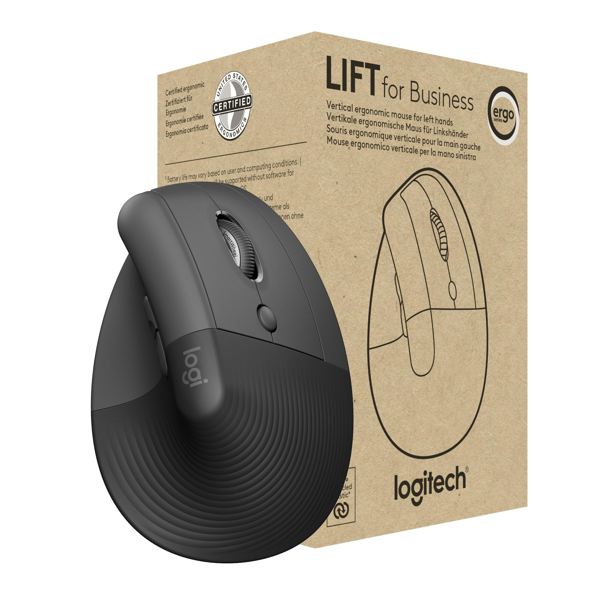 Logitech Lift For Business, Mouse Verticale Ergonomico, Wireless, Bluetooth, USB Secured Logi Bolt, Clic Silenziosi, Certificazione Globale, Windows/Mac/Chrome/Linux - Graphite