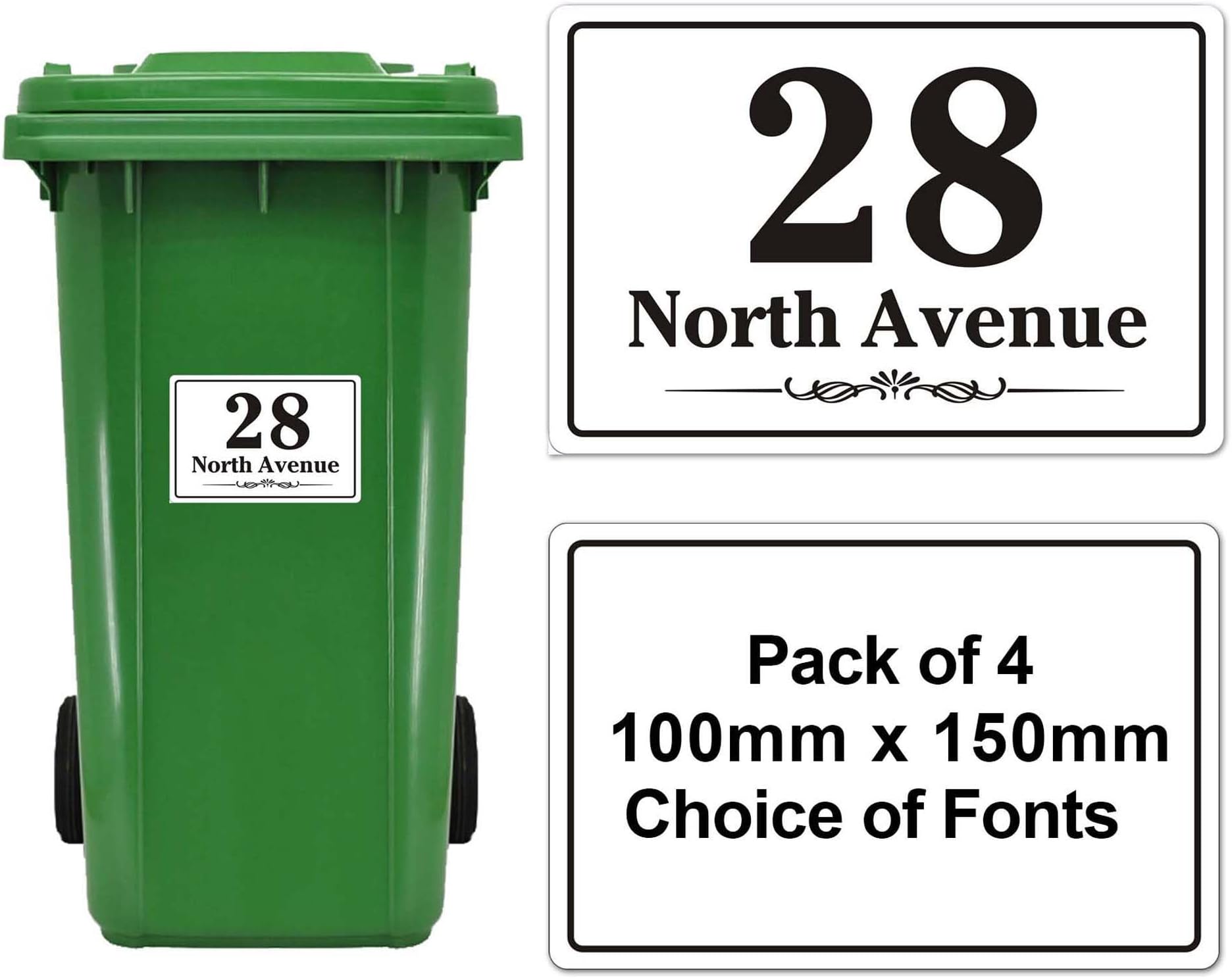 EDSG 4 x Wheelie Bin Stickers, Bin Numbers for Wheelie Bins, Personalised Wheelies Bins Numbers Stickers, Custom Number Sticker with House Number Street Name (Design 1)