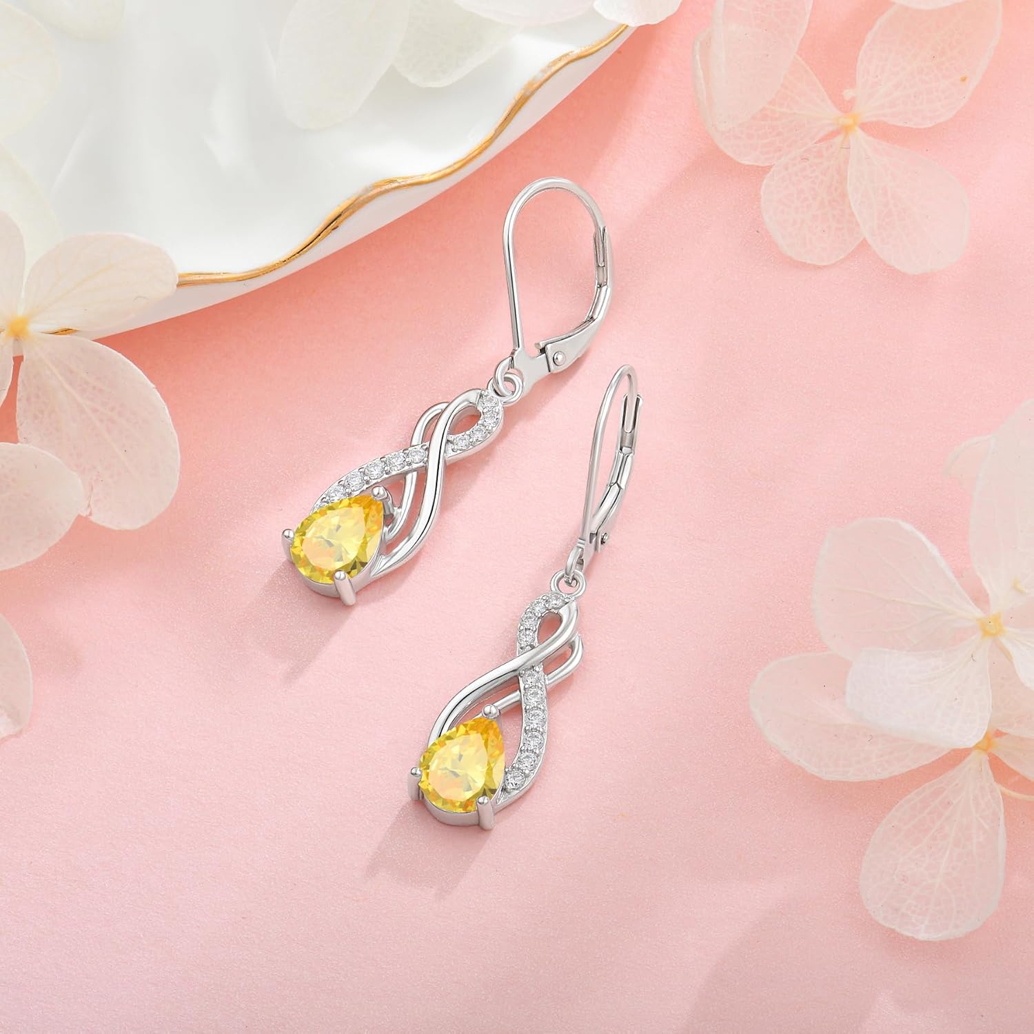 Infinity Love Birthstone Earrings for Women 925 Strling Silver 5A Cubic Zirconia Dangle Drop Leveback Earrings Jewelry Birthday Christmas Day Gifts for Her - Image 4