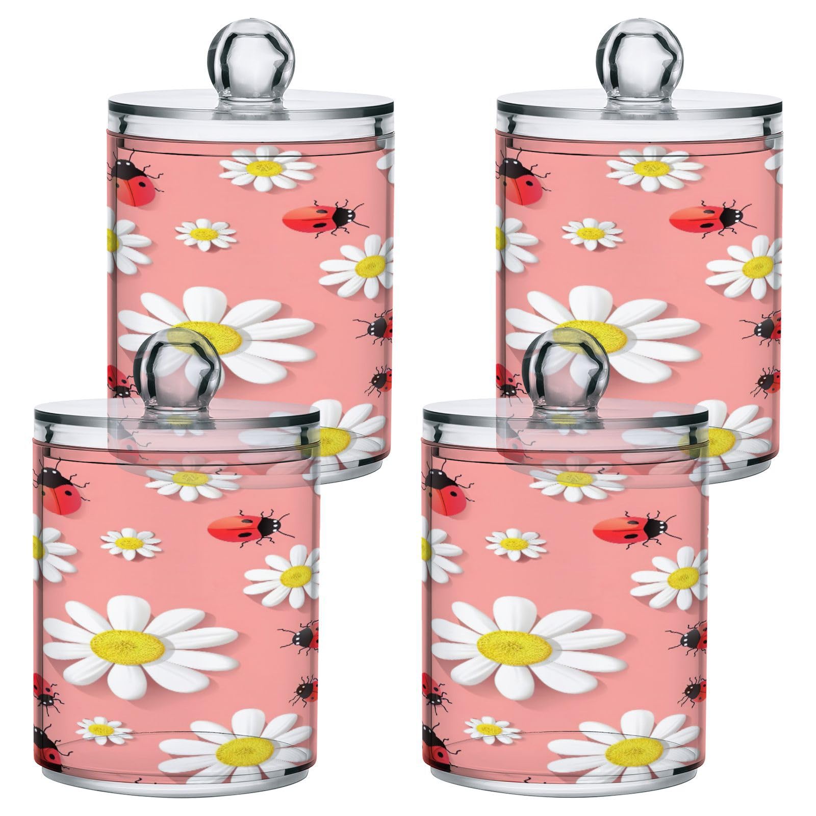 Wassud Ladybugs and Daisies Qtip Holder Dispenser Clear Apothecary Jars with Lids Bathroom Organizers and Storage Canister for Cotton Swabs Balls Bathroom Accessories 2 Pack