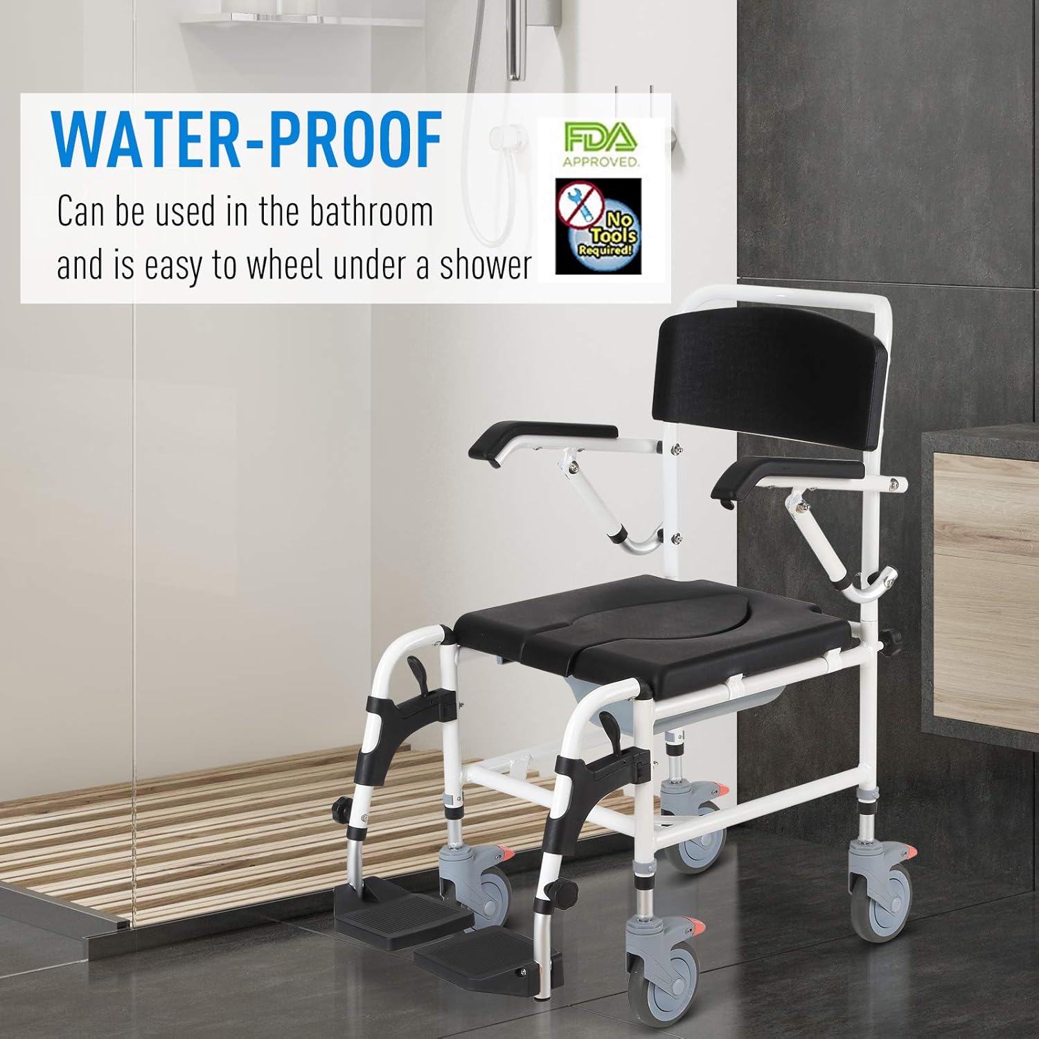HOMCOM Accessibility Commode Wheelchair, Rolling Shower Wheelchair with 4 Castor Wheels, Rectangle Detachable Bucket, & Waterproof Design, Black : Health & Household