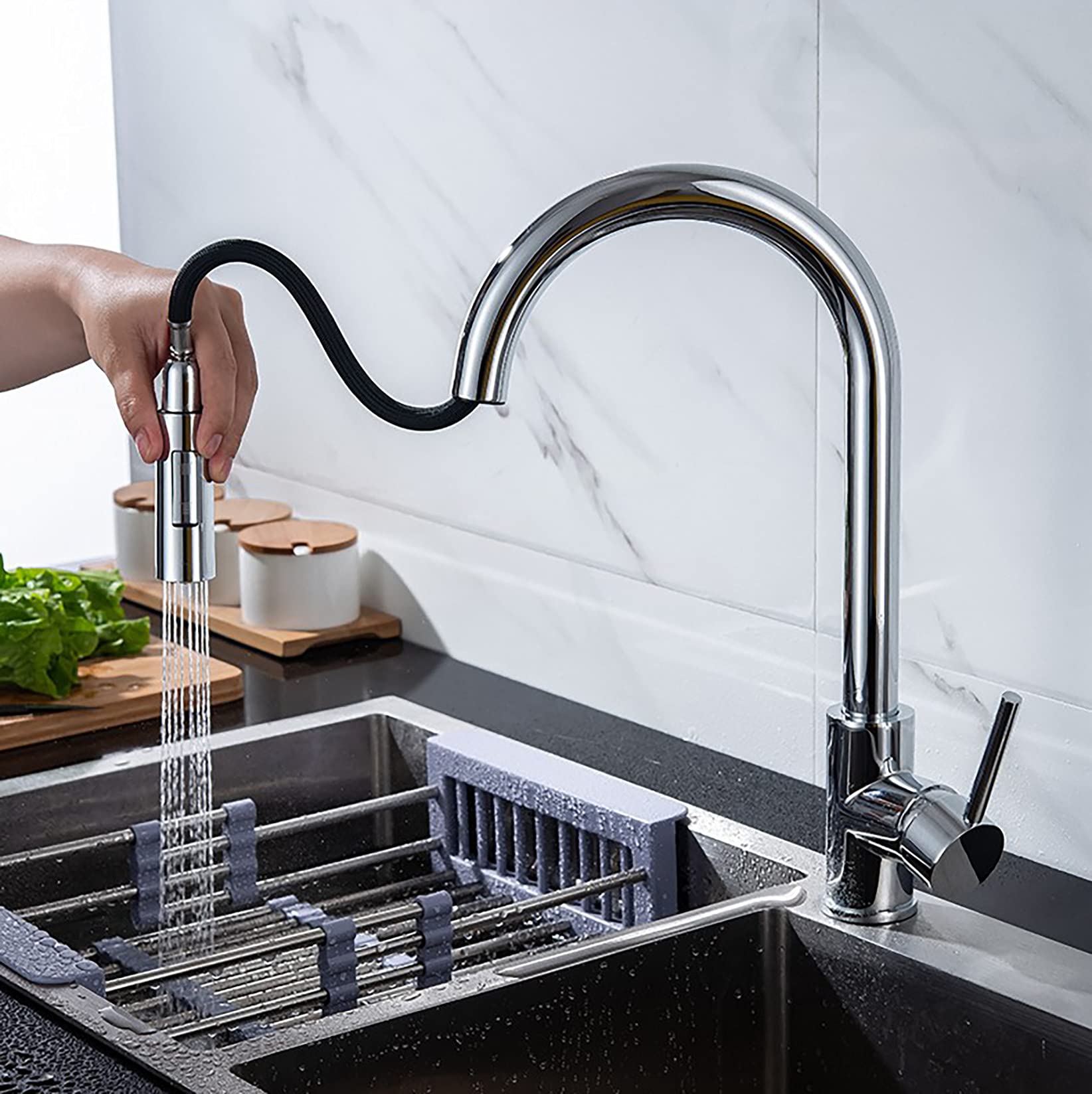 Dolinvo Kitchen Faucet with Pull Out Sprayer with Deck Plate for 1 or 3 Hole Sink Installation Pull Down Sprayer High Arc 2 Types of Jet Multifuncional Stainless Steel Chrome Single Handle with Hoses