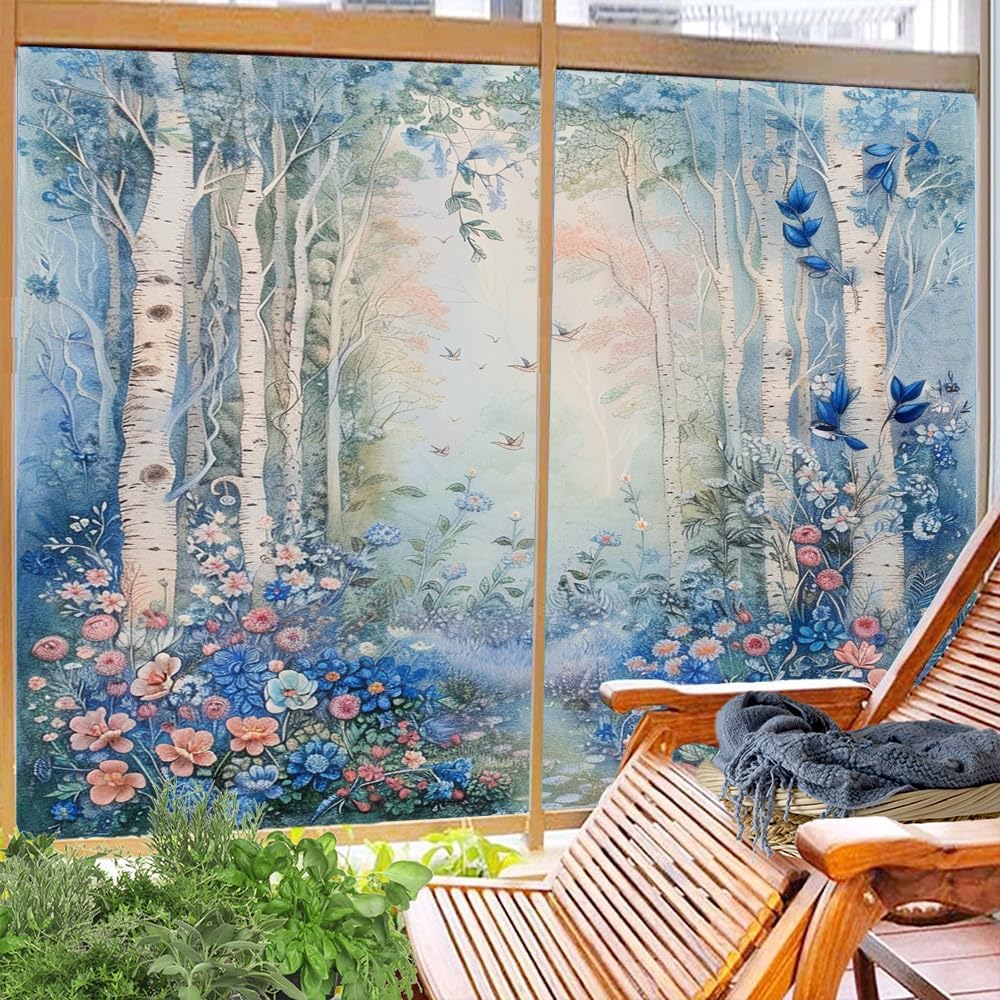 Fantasy Abstract Forest Window Privacy Film Stained Glass Colorful Flowers Vintage Plants Decal for Glass Decorative Stickers Adhesive Windows Sun Blocking Coverings 35.4Wx63L inch x 2pcs