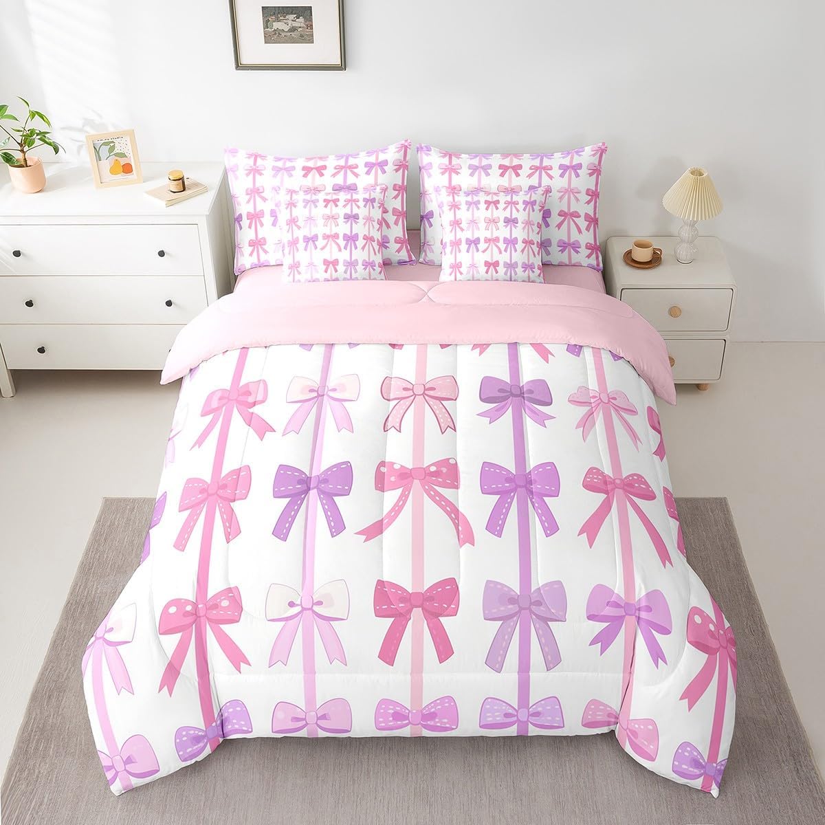 jejeloiu Kids Pink Bowknot Comforter Set with Sheets Full Size, Purple Bowknot Bed in a Bag 7 Pieces Boys Girls Delicate Bowknot Bed in a Set Teens Bedroom Decor 7Pcs