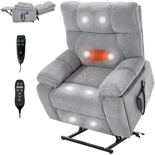 Redlife Oversized Recliner Chair Power Lift Recliner Chair for Elderly with Heat and Massage, Chenille Electric Lift Recliners for Living Room, with Remote, Dual Motor, Cup Holder, Side Pocket, Gray
