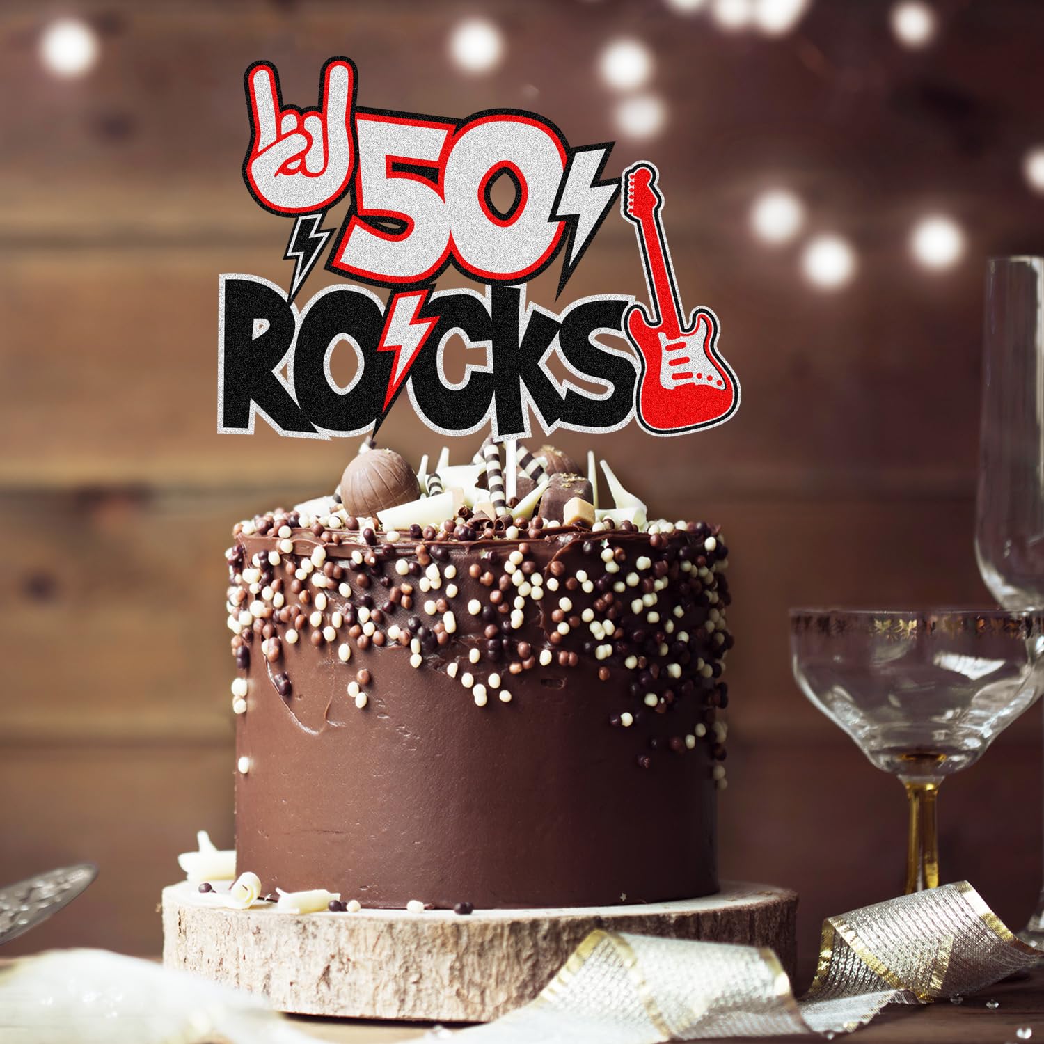 50 Rocks Birthday Cake Topper - Fabulous Fifty Years Anniversary Black Glitter Guitar Cake Topper - Cheers To Man Women Happy 50th Birthday Party Decoration