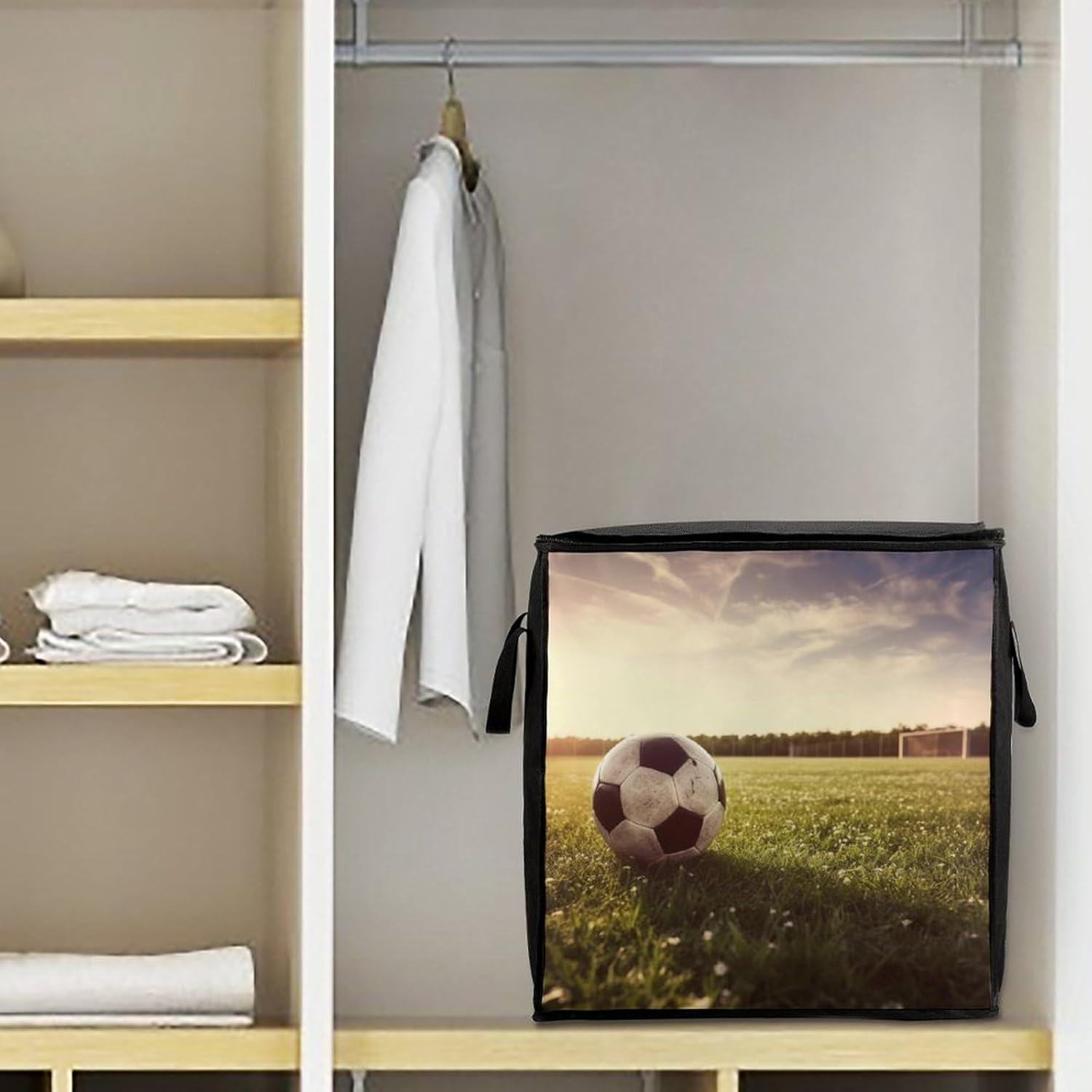 Quilt Storage Bag,Soccer Ball on A Field Printed Large Foldable Storage Container Portable Travel Storage Bag for Blankets, Quilts, Clothes, Comforter, Bedding And Pillows