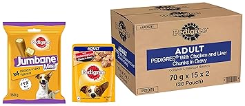 Pedigree Adult Wet Dog Food, Chicken & Liver Chunks in Gravy, 70 g (Pack of 30) & Pedigree Jumbone Mini Adult Dog Treat, Chicken & Lamb - 160 g Pack (4 Treats)