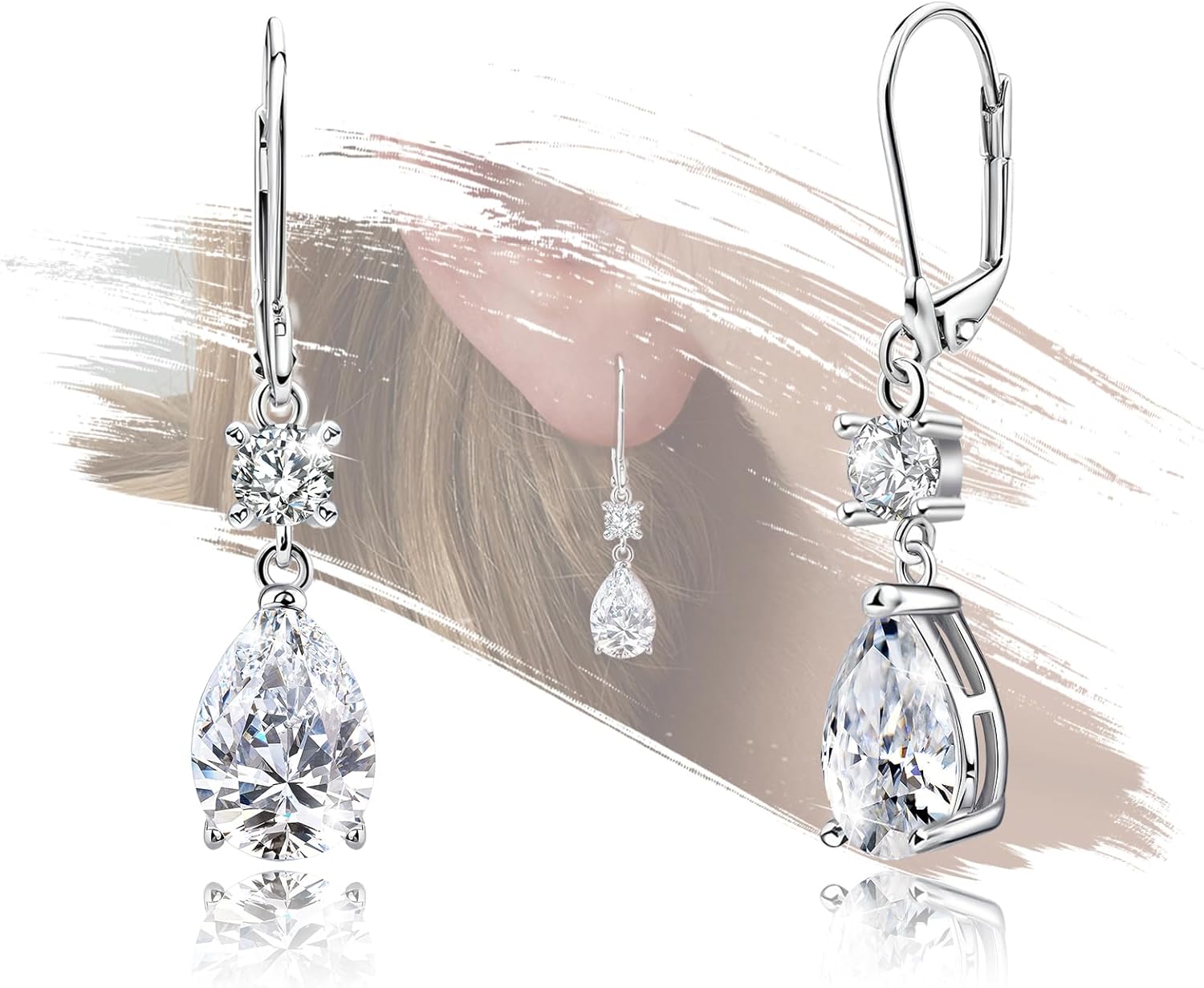 Sterling Silver Leverback Earrings for Women - Cubic Zirconia Round Waterdrop Dangle Earrings Lightweight Hypoallergenic Nickel Free Sparkle Halo CZ Teardrop Dangling Earring Classic Jewelry Gifts