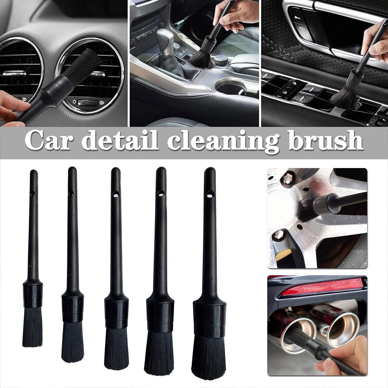 Auto-Detailing-Pinsel, lange Borsten, keine Kratzer, 5 Wildschweinhaar-Reinigungsbürsten-Set mit Kunststoffgriff für Armaturenbrett, Lüftungsschlitze, innen, außen, Motor und Räder, 5