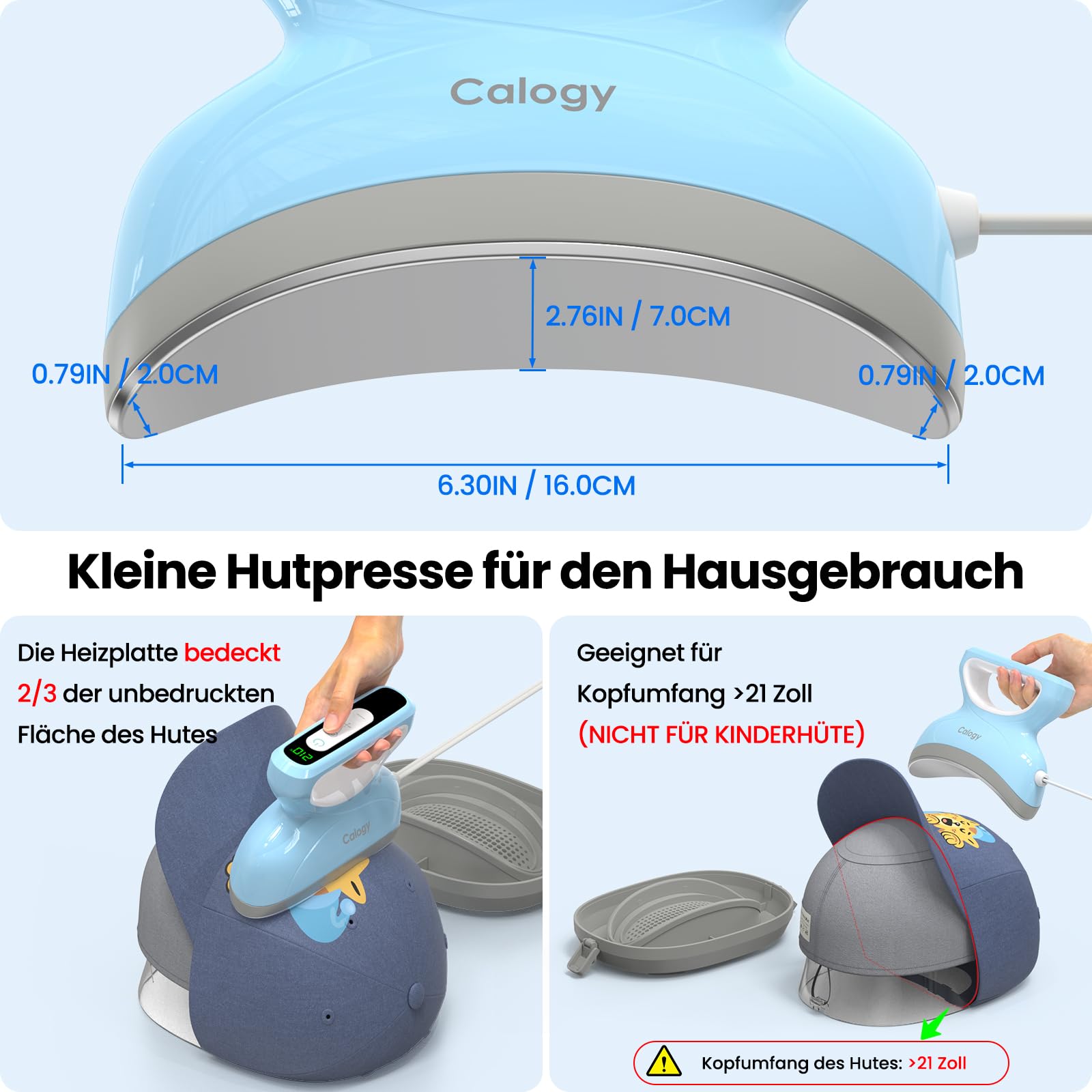 Calogy Mützen Heat Press Mini, Countdown Kappen Druckmaschine Max Temp 210℃ mit Runde Pressbasis Kappen Druckmaschine, Heißpresse für Caps, Lätzchen, Snapbacks, Beanies, Trucker-Mützen