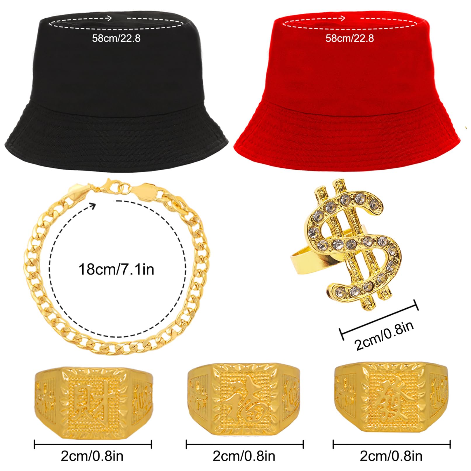 baotongle 11 Piece Hip Hop Costume Accessory Set 80s 90s Outfit Men's Hip Hop Costume 2 Bucket Hat, Gold Chain, Sunglasses - Image 2