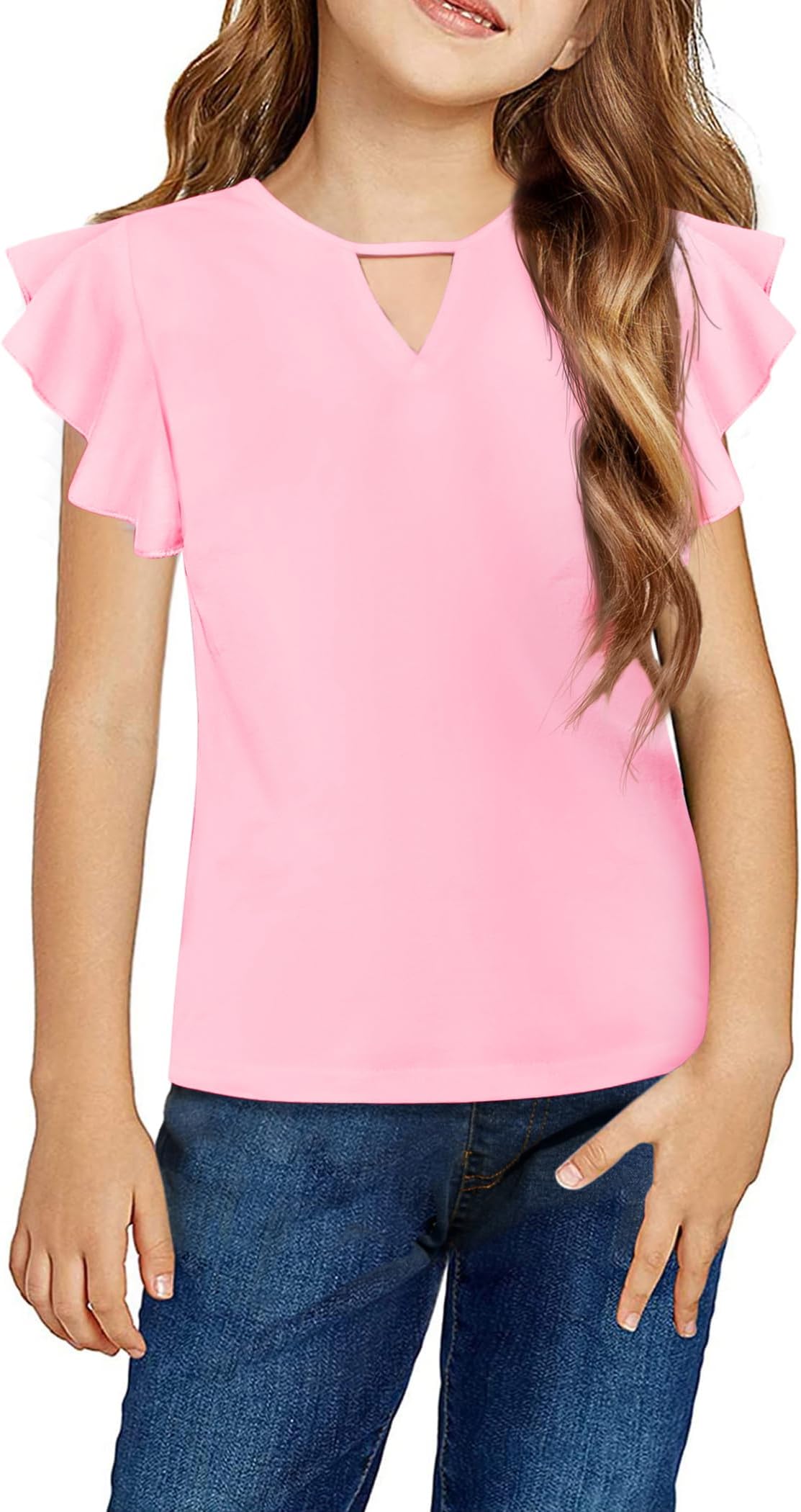 Arshiner Girls Shirts Short Sleeve Tee Ruffle Solid Summer Keyhole Neck Cotton Blouse Tops