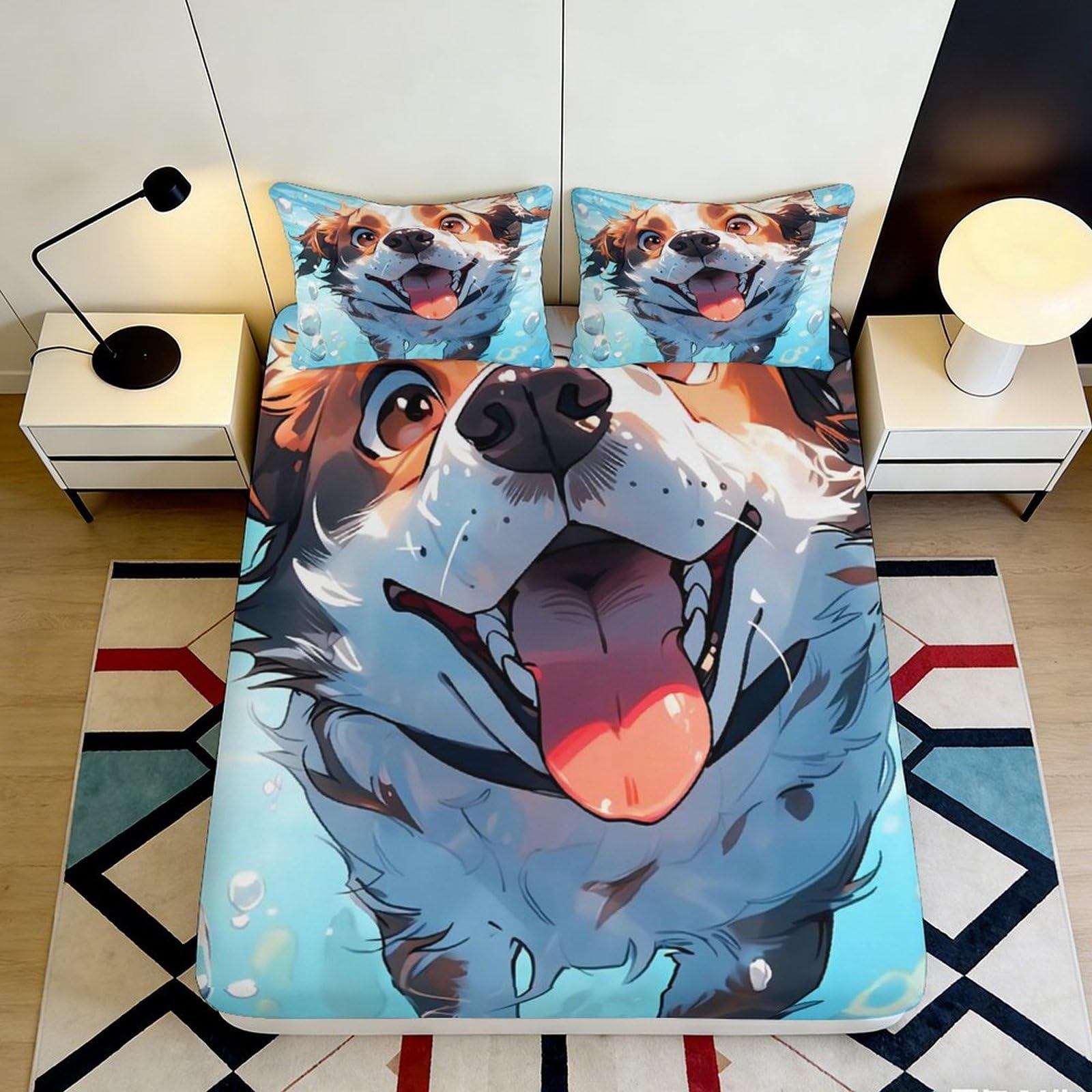 3D Printed Happy Dog Fitted Sheet Microfiber Soft Breathable Smiling Puppy Bed Cover for Bedroom Dormitory Guest Room Mattress Protection Decor 200x200x25cm