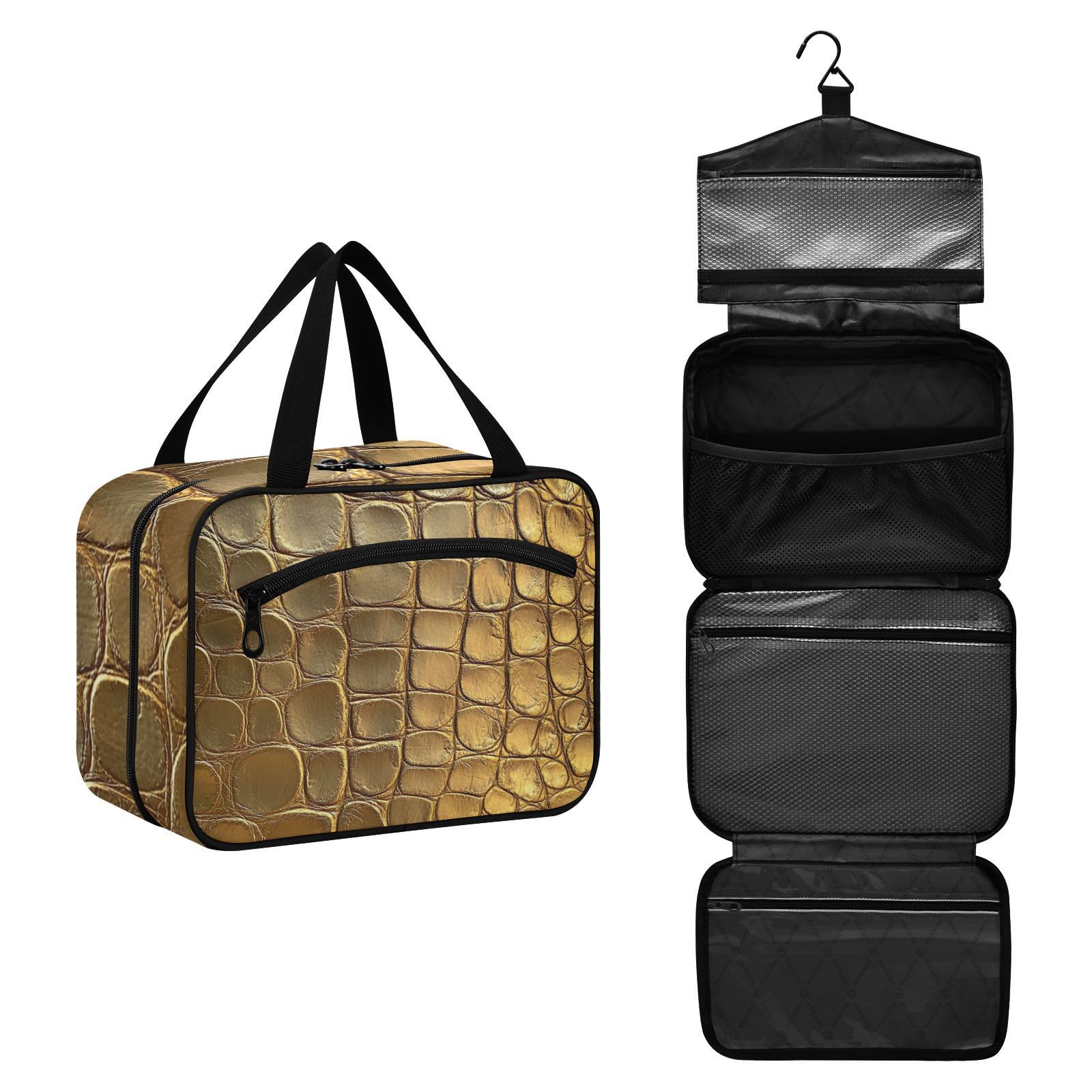 EtherSpher Gold Crocodile Skin Texture hanging makeup bag with compartments with hook, designer washable toiletry bag hanging for travel essentials for women vacation bolso de maquillaje para mujer L