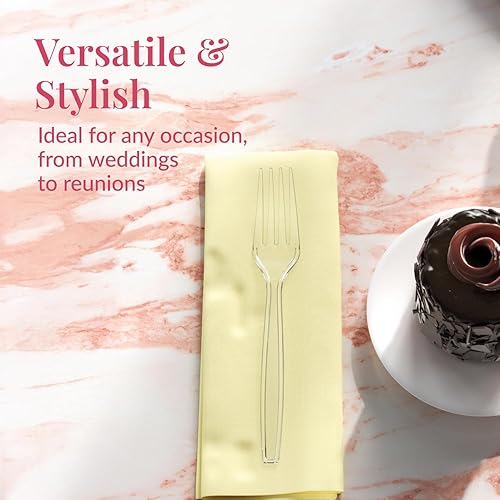 Vista 24 de Prestee Paquete de 100 tenedores de plástico plateado resistentes – Elegantes tenedores desechables – Juego de cubiertos plateados de plástico