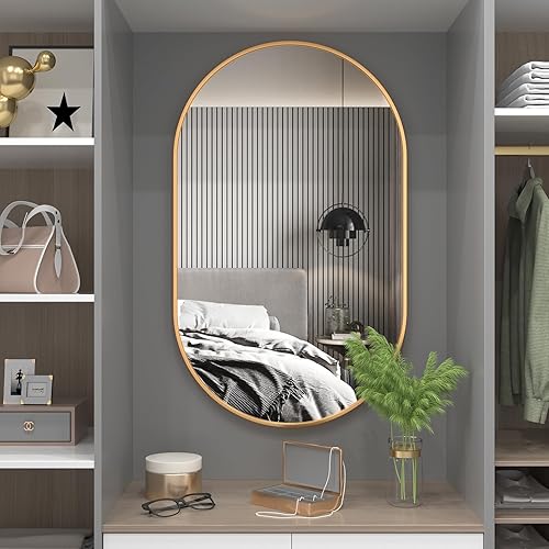 Miniatura 6 de Biyatuos Espejo de baño ovalado, espejo montado en la pared, 36 x 24 pulgadas, espejo de tocador de paredmarco de metal de acero inoxidable, espejo