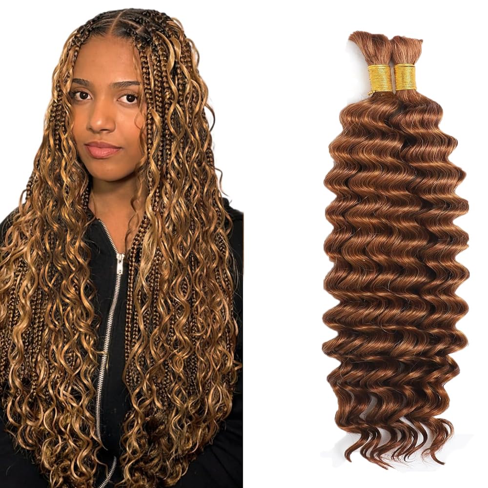 Tuheerst Human Hair Braiding 32 32 Inch #30 Light Brown Color Deep Wave Knotless No Weft Boho Braids Human Hair Extension 50g/Bundle Total 100g